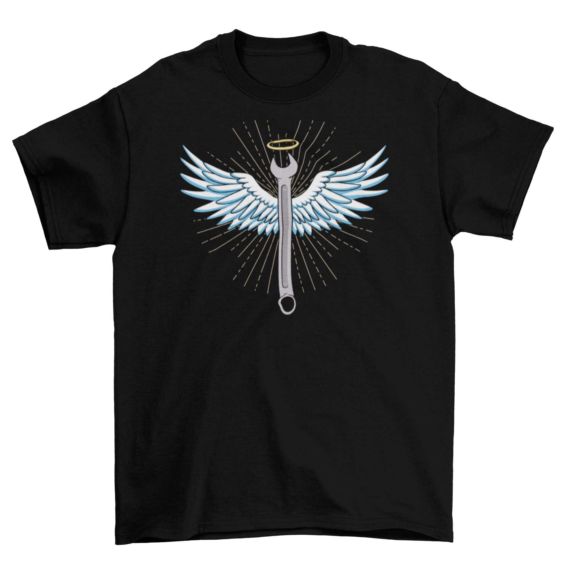 Angel Wrench T-Shirt featuring a wrench with angel wings design on a soft fabric.