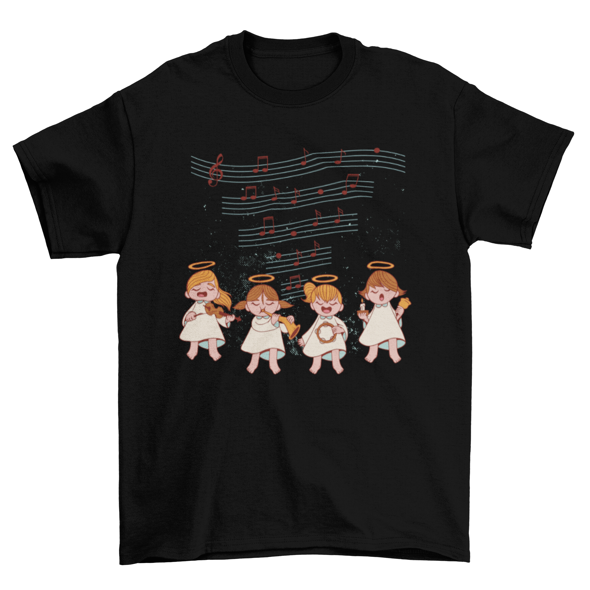 Angels Song T-Shirt featuring four angels singing, colorful and artistic design.