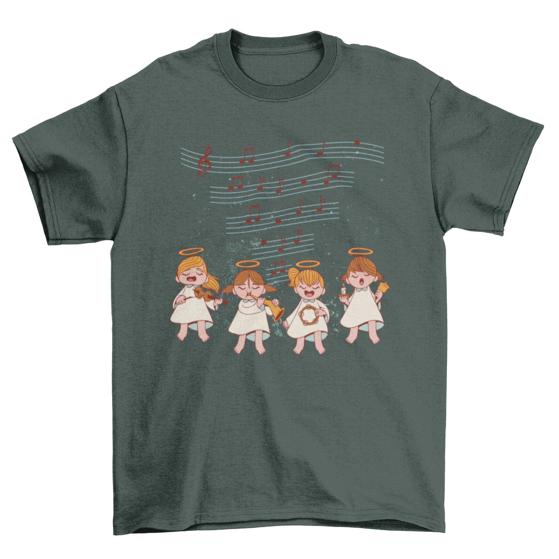 Angels Song T-Shirt featuring four angels singing, colorful and artistic design.