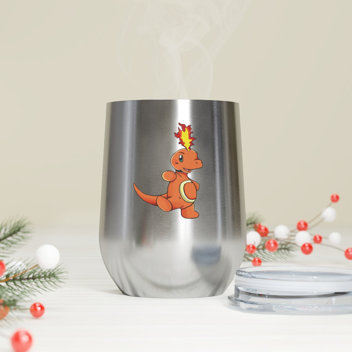 Angetapir 12oz Insulated Wine Tumbler in stainless steel with a clear plastic lid, showcasing a stylish design for hot and cold beverages.