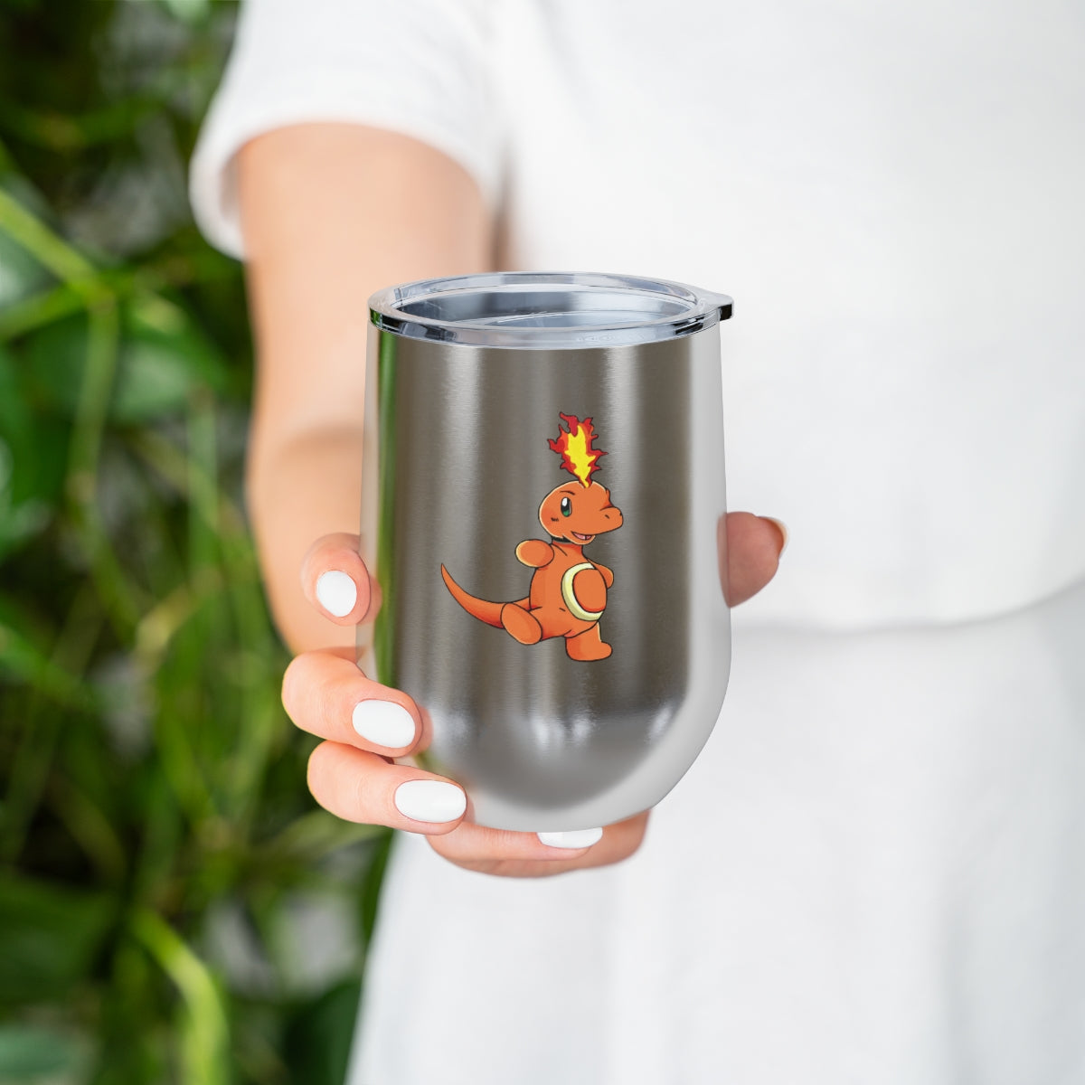 Angetapir 12oz Insulated Wine Tumbler in stainless steel with a clear plastic lid, showcasing a stylish design for hot and cold beverages.