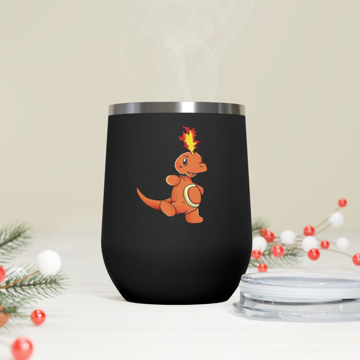 Angetapir 12oz Insulated Wine Tumbler in stainless steel with a clear plastic lid, showcasing a stylish design for hot and cold beverages.