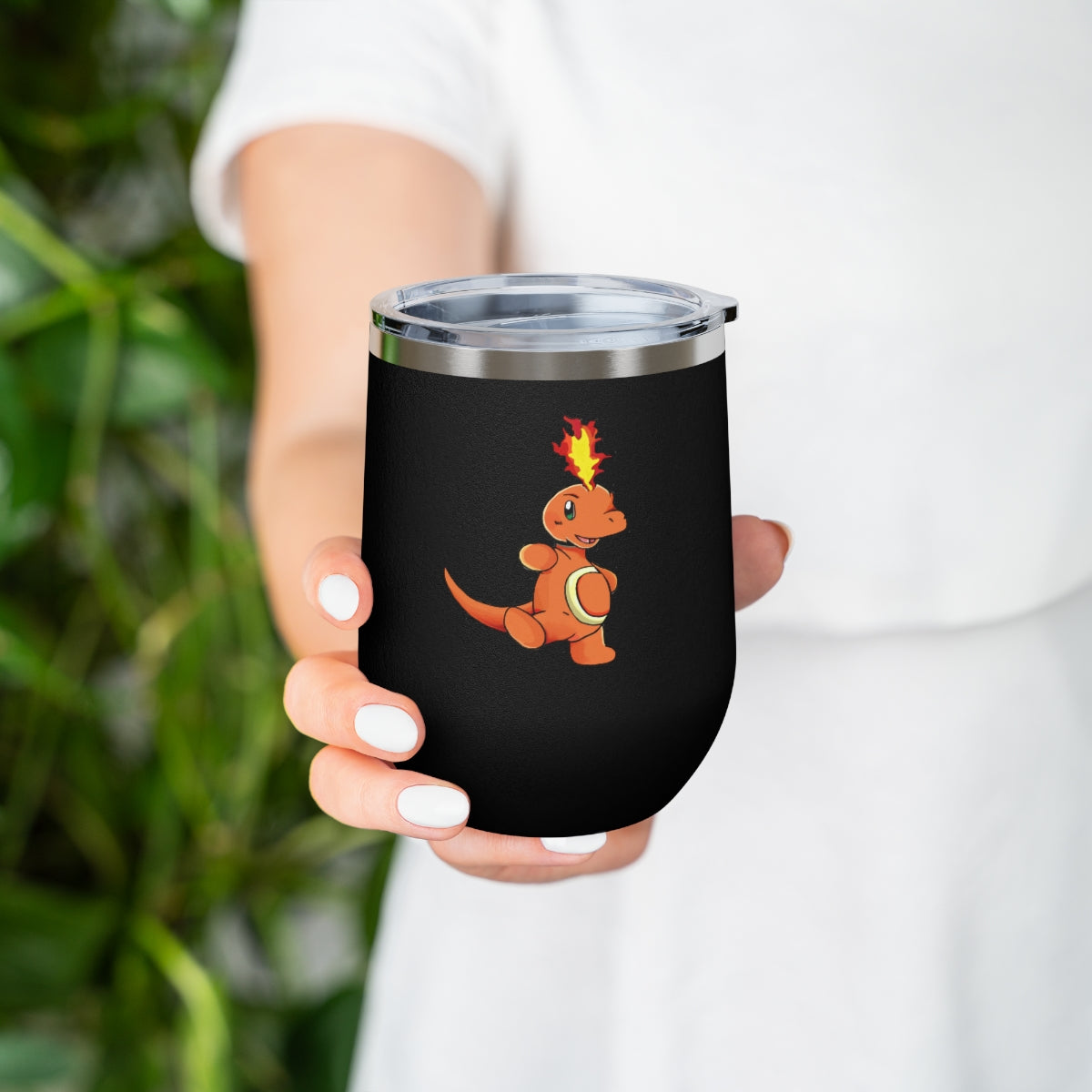 Angetapir 12oz Insulated Wine Tumbler in stainless steel with a clear plastic lid, showcasing a stylish design for hot and cold beverages.