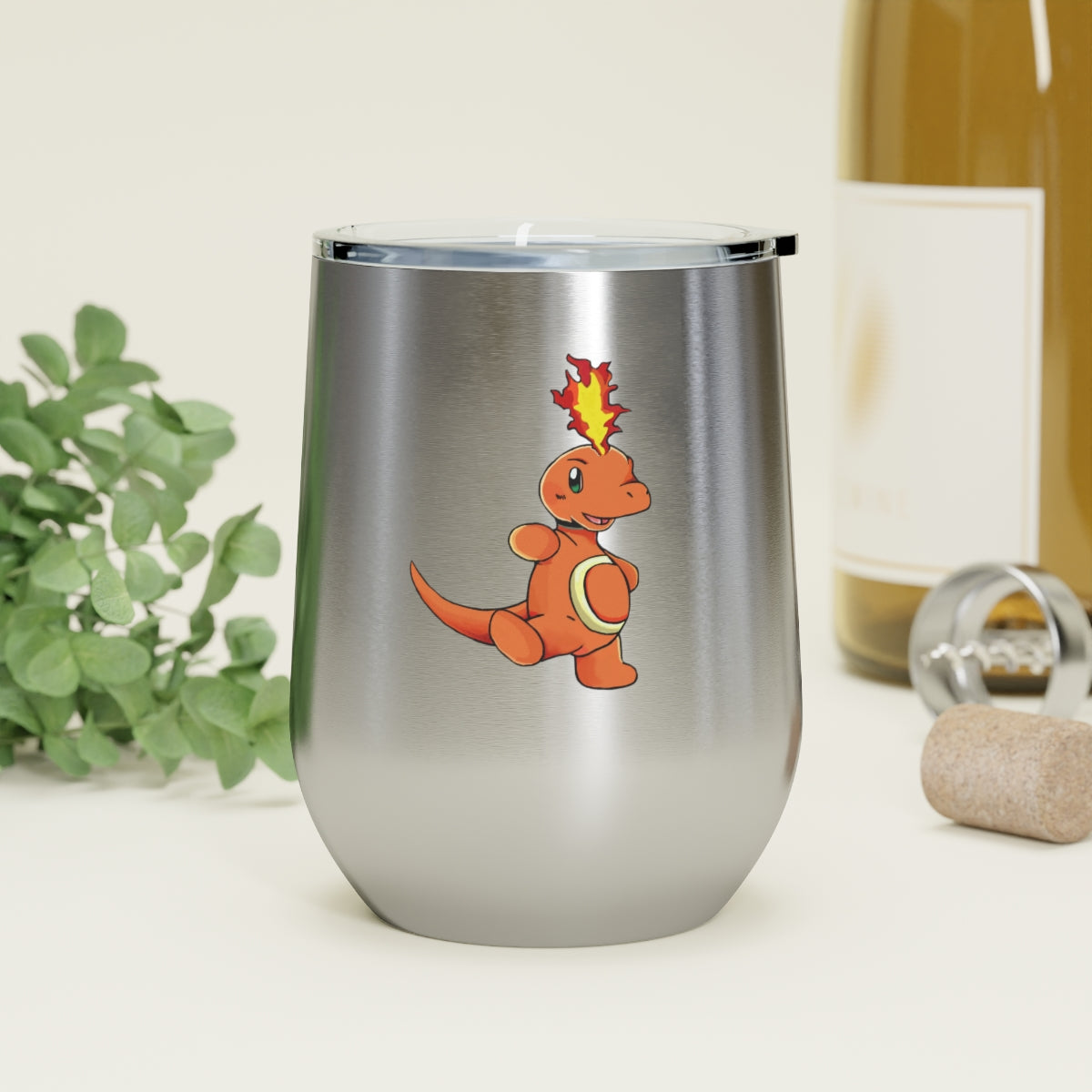 Angetapir 12oz Insulated Wine Tumbler in stainless steel with a clear plastic lid, showcasing a stylish design for hot and cold beverages.