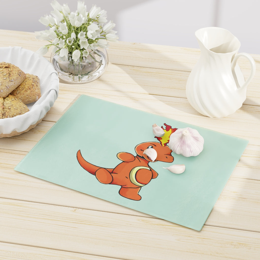 Angetapir Cutting Board made of tempered glass with rubber dots for stability, showcasing a personalized design.