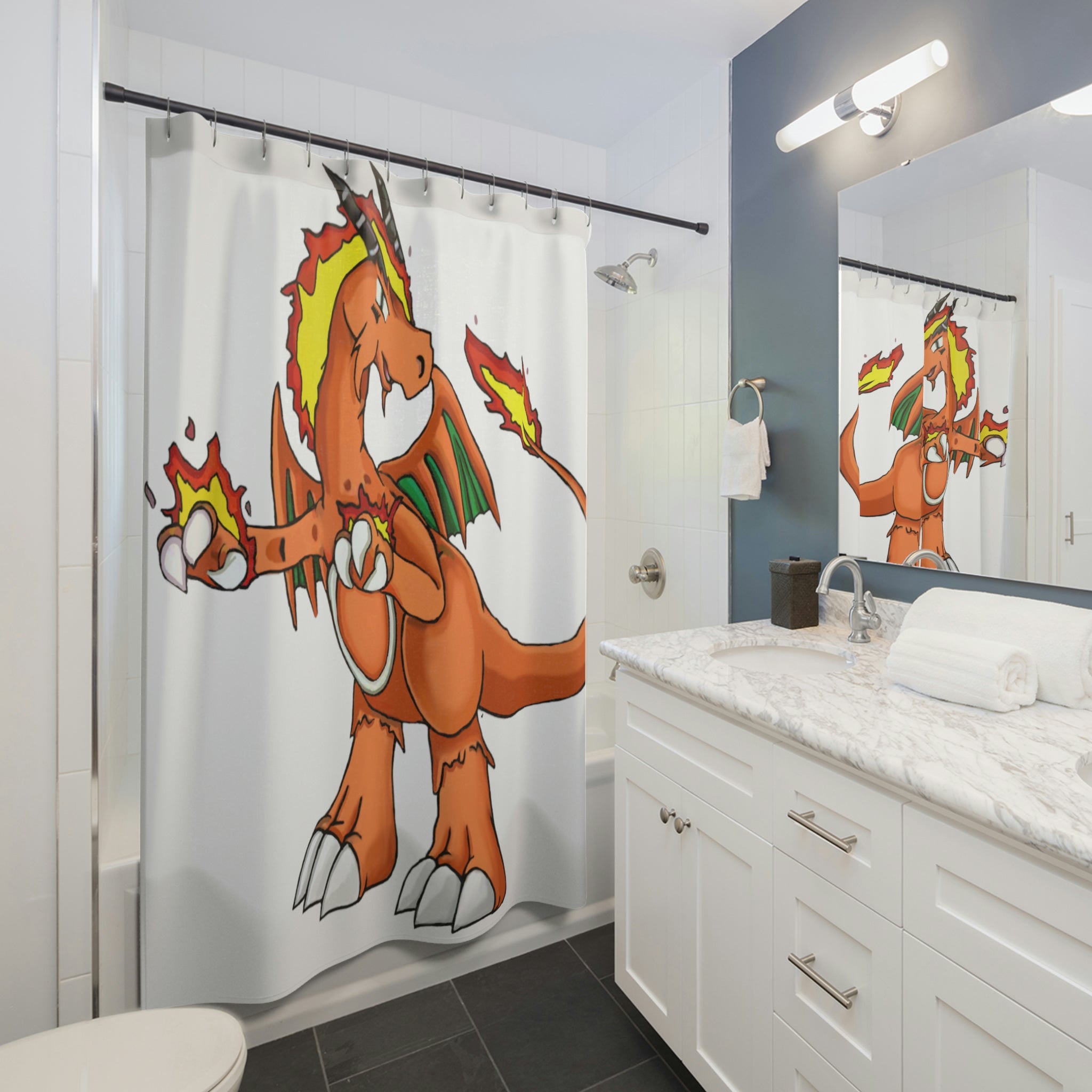 Angetiron Shower Curtain featuring vibrant custom designs, made from durable polyester material.