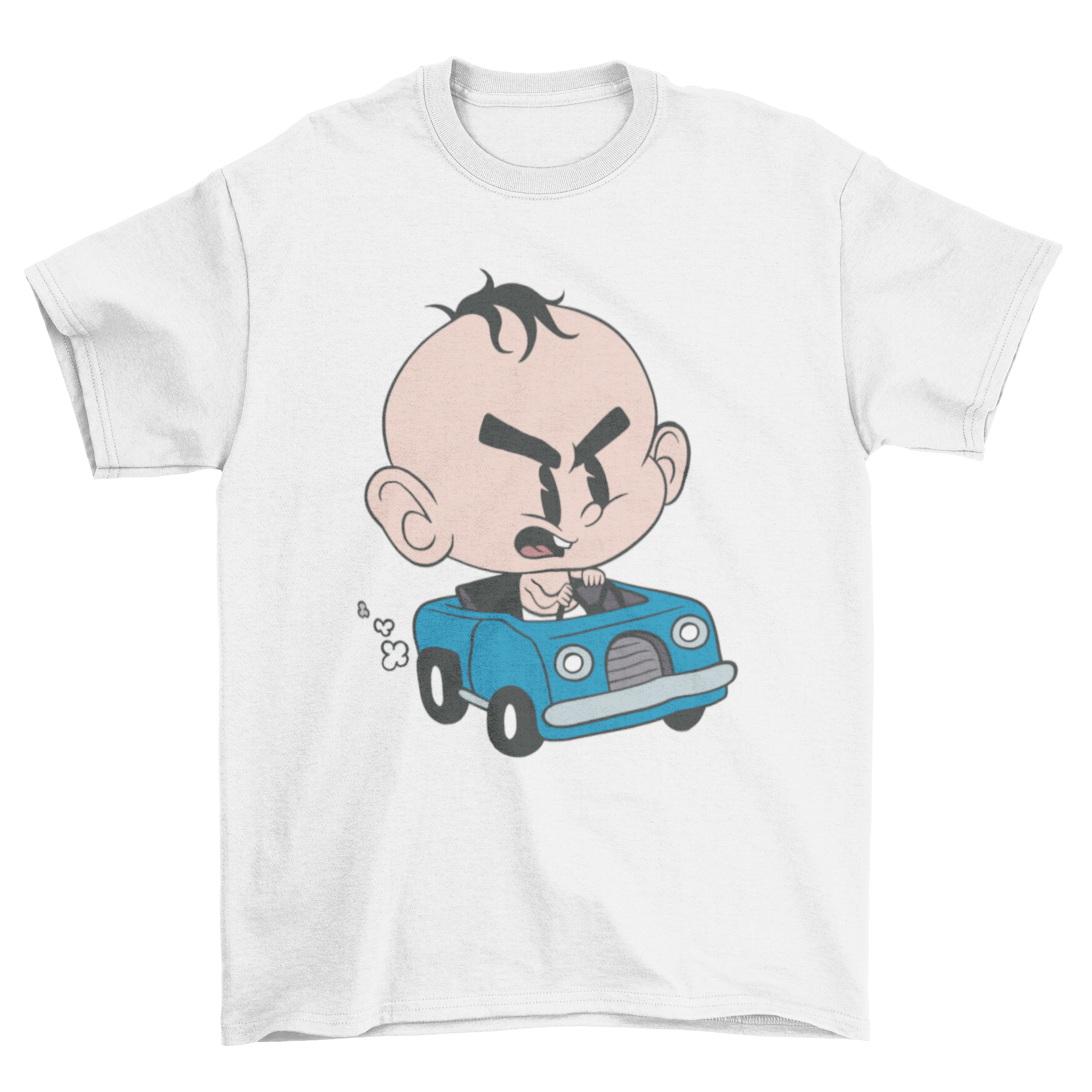 A colorful t-shirt featuring an illustration of an angry baby inside a toy car, showcasing a playful and humorous design.