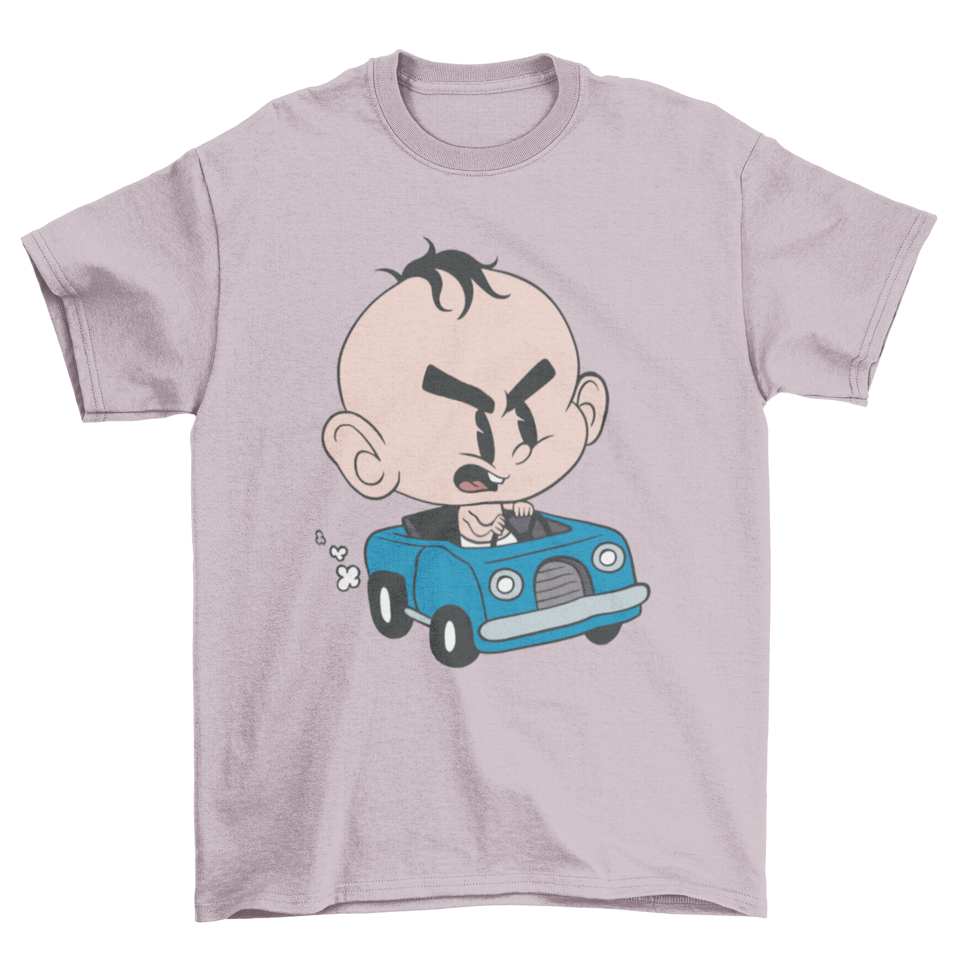 A colorful t-shirt featuring an illustration of an angry baby inside a toy car, showcasing a playful and humorous design.