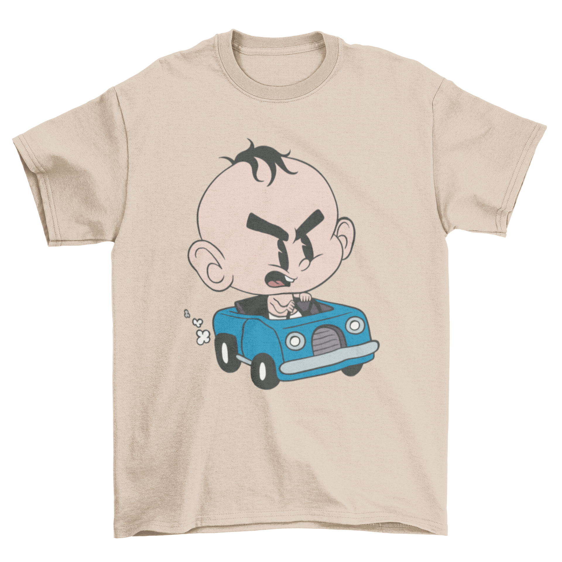 A colorful t-shirt featuring an illustration of an angry baby inside a toy car, showcasing a playful and humorous design.