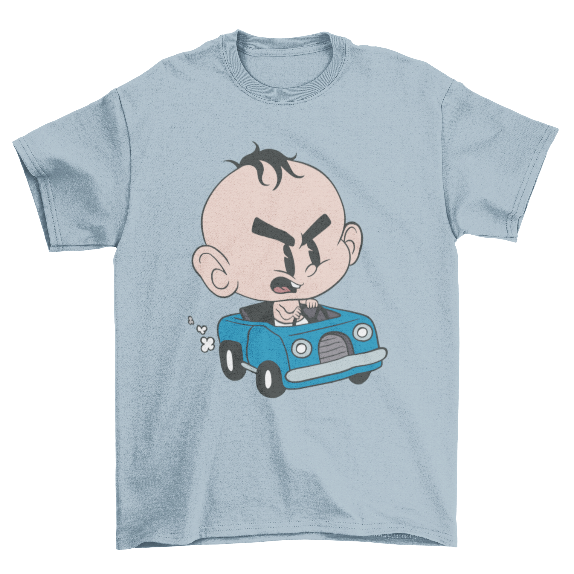 A colorful t-shirt featuring an illustration of an angry baby inside a toy car, showcasing a playful and humorous design.