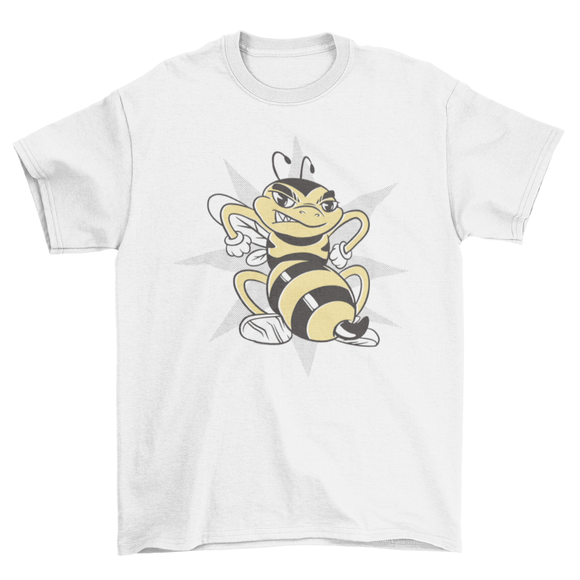 Angry bee cartoon t-shirt featuring a retro design with a vibrant angry bee character.