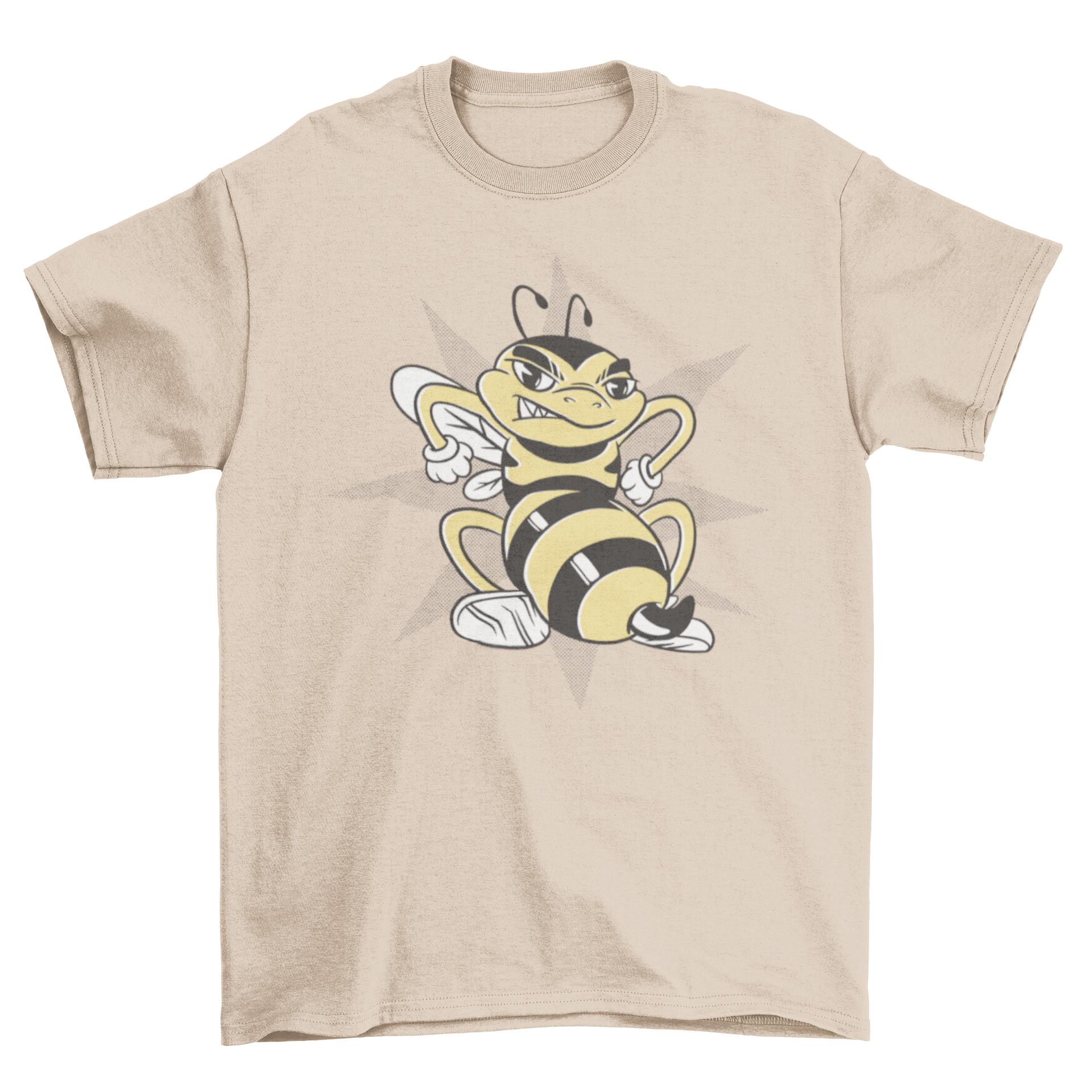 Angry bee cartoon t-shirt featuring a retro design with a vibrant angry bee character.