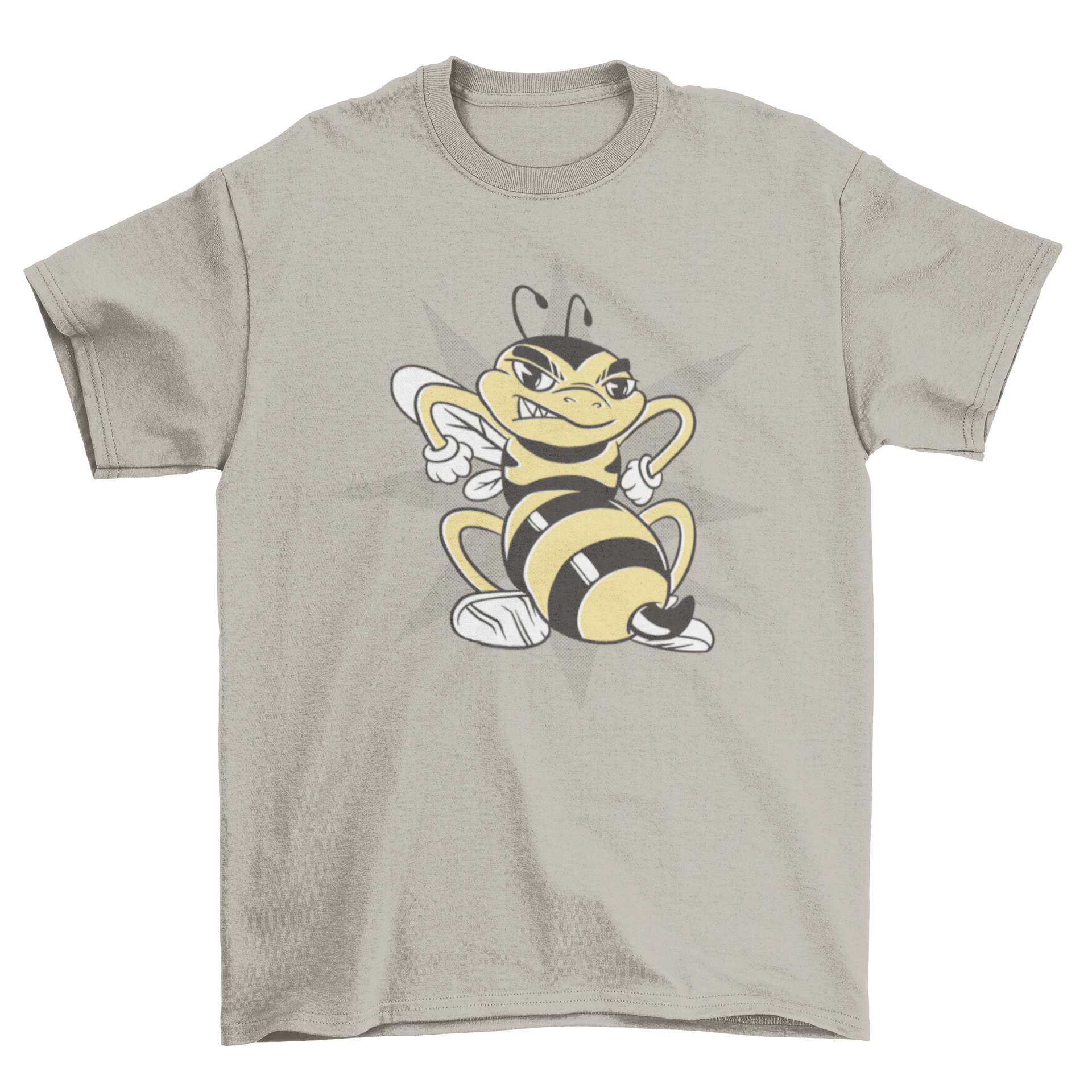 Angry bee cartoon t-shirt featuring a retro design with a vibrant angry bee character.