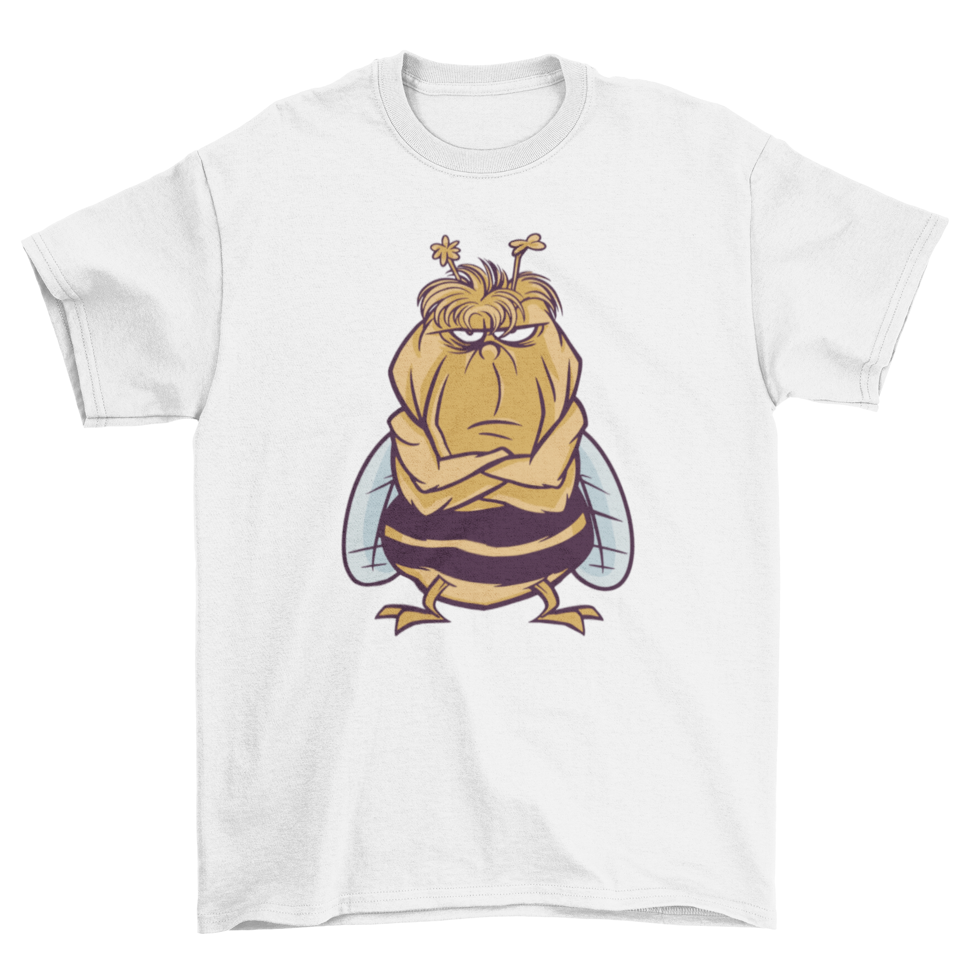 A humorous t-shirt featuring a vibrant illustration of an angry bee, showcasing its unique design.