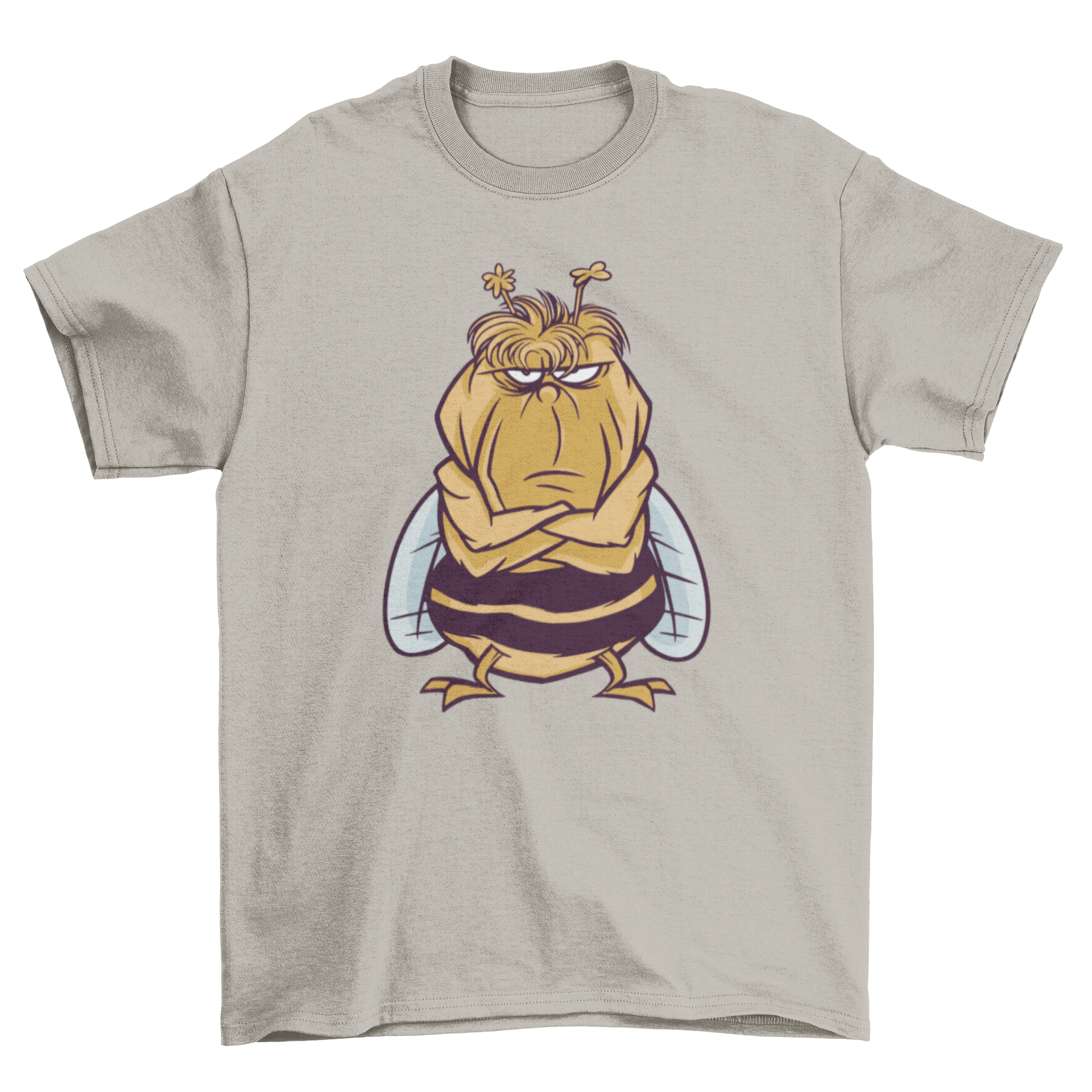 A humorous t-shirt featuring a vibrant illustration of an angry bee, showcasing its unique design.