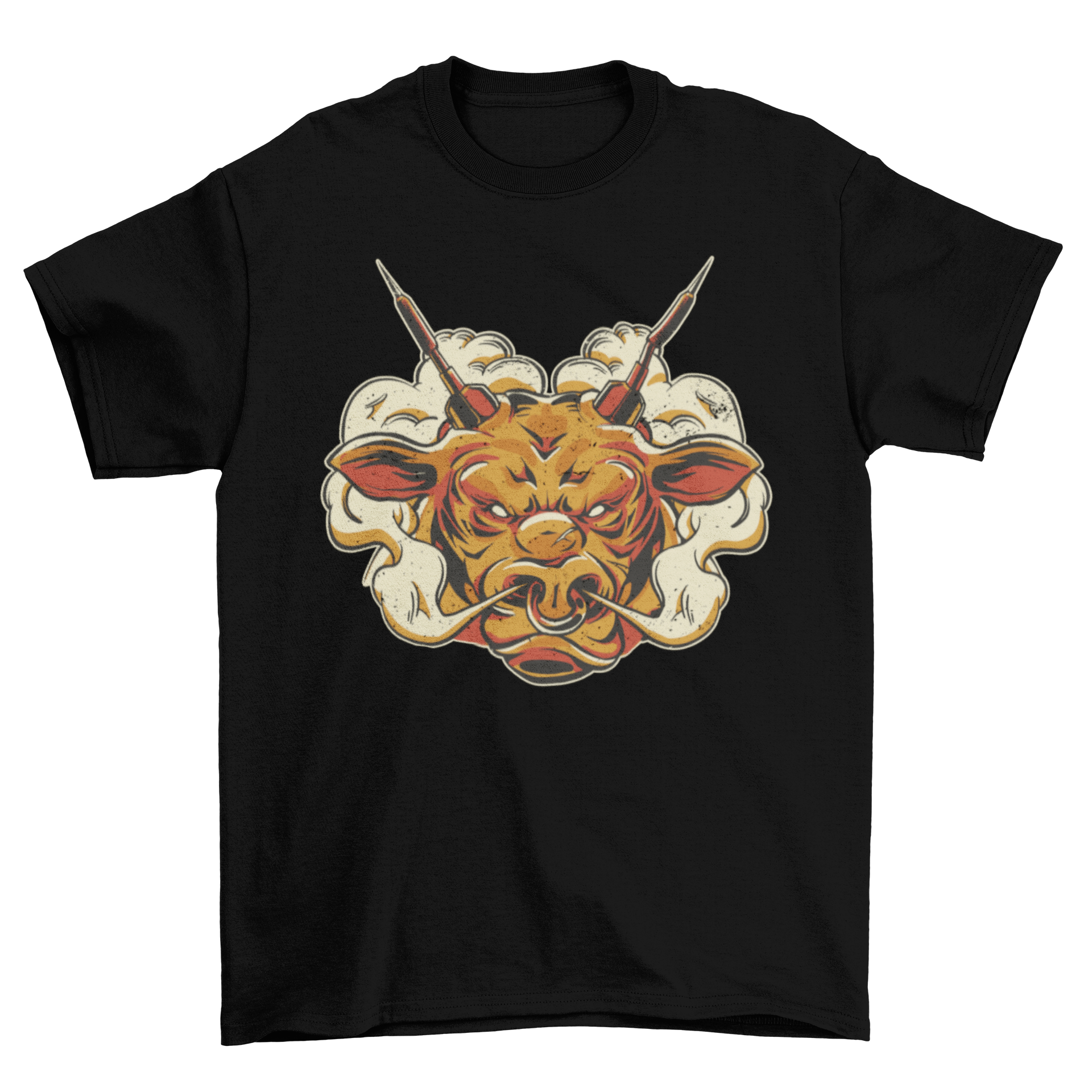 A stylish Angry Bull T-shirt featuring a fierce bull design with darts for horns, perfect for casual wear.