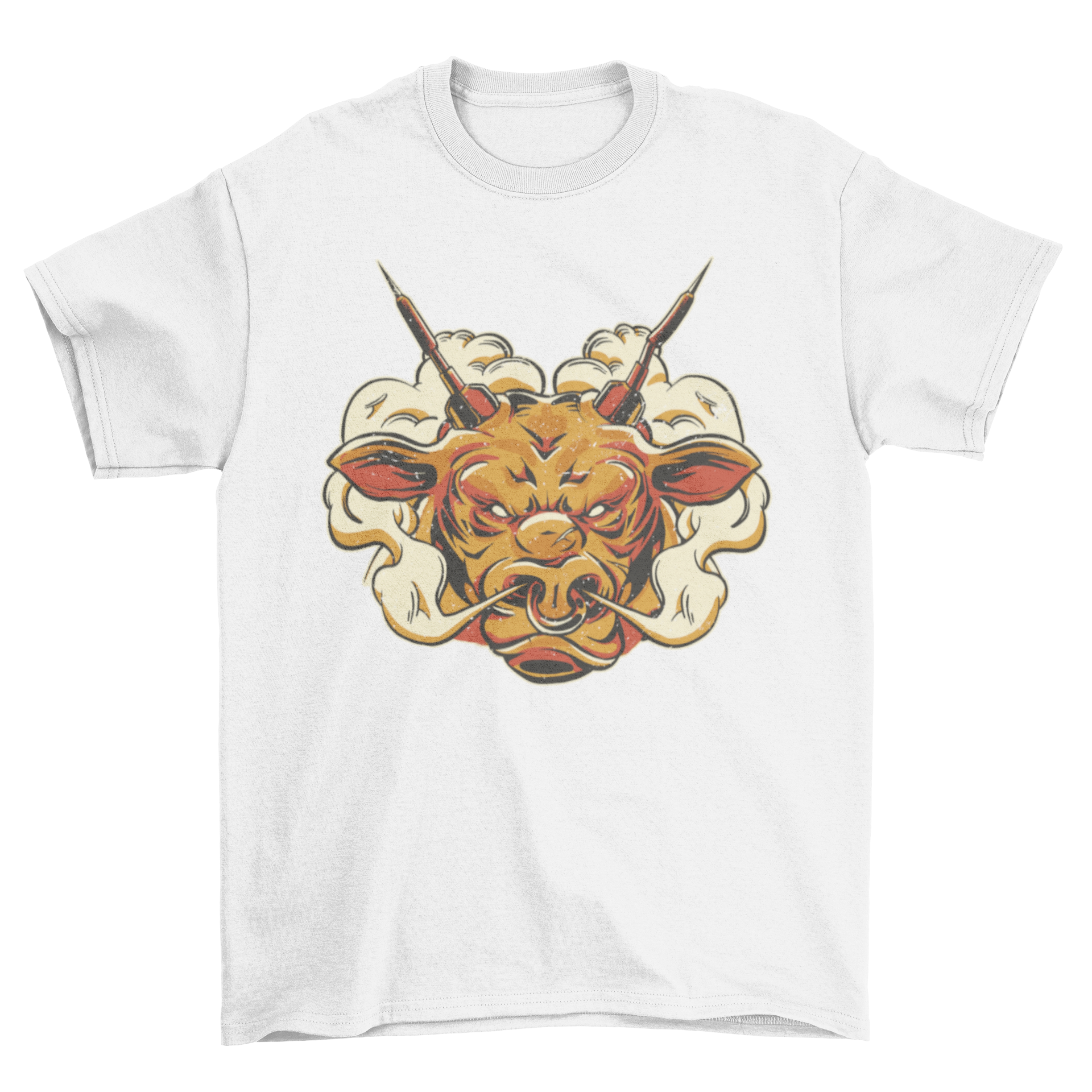 A stylish Angry Bull T-shirt featuring a fierce bull design with darts for horns, perfect for casual wear.