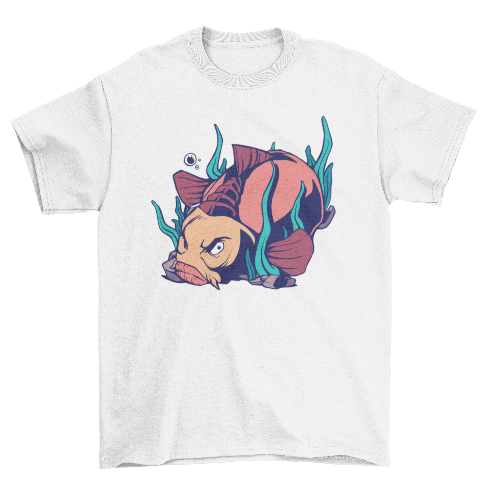 Angry carp fish t-shirt featuring a vibrant illustration of a swimming carp with an intense expression.