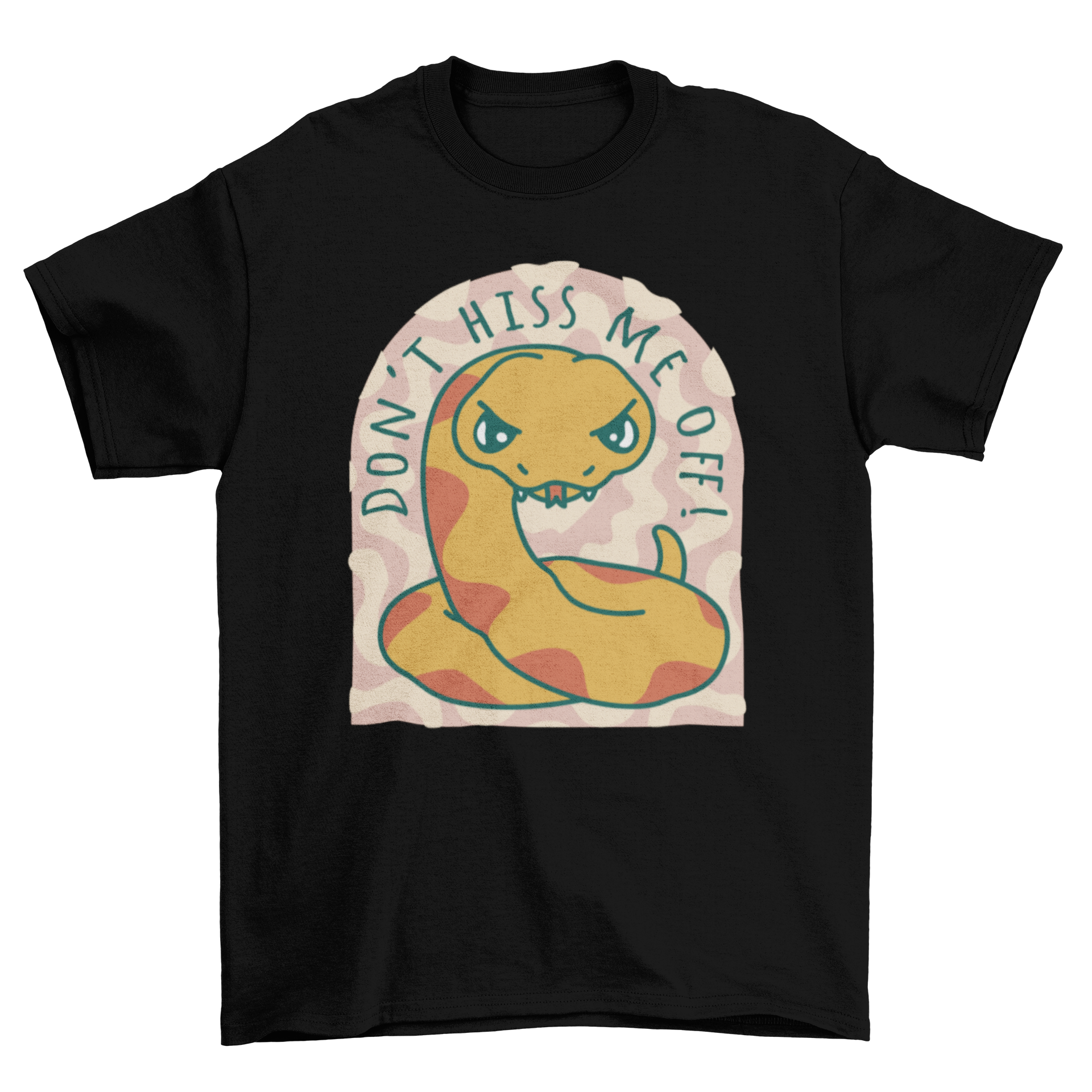 Angry cartoon snake t-shirt featuring a vibrant snake design and the quote 'Don't hiss me off!'