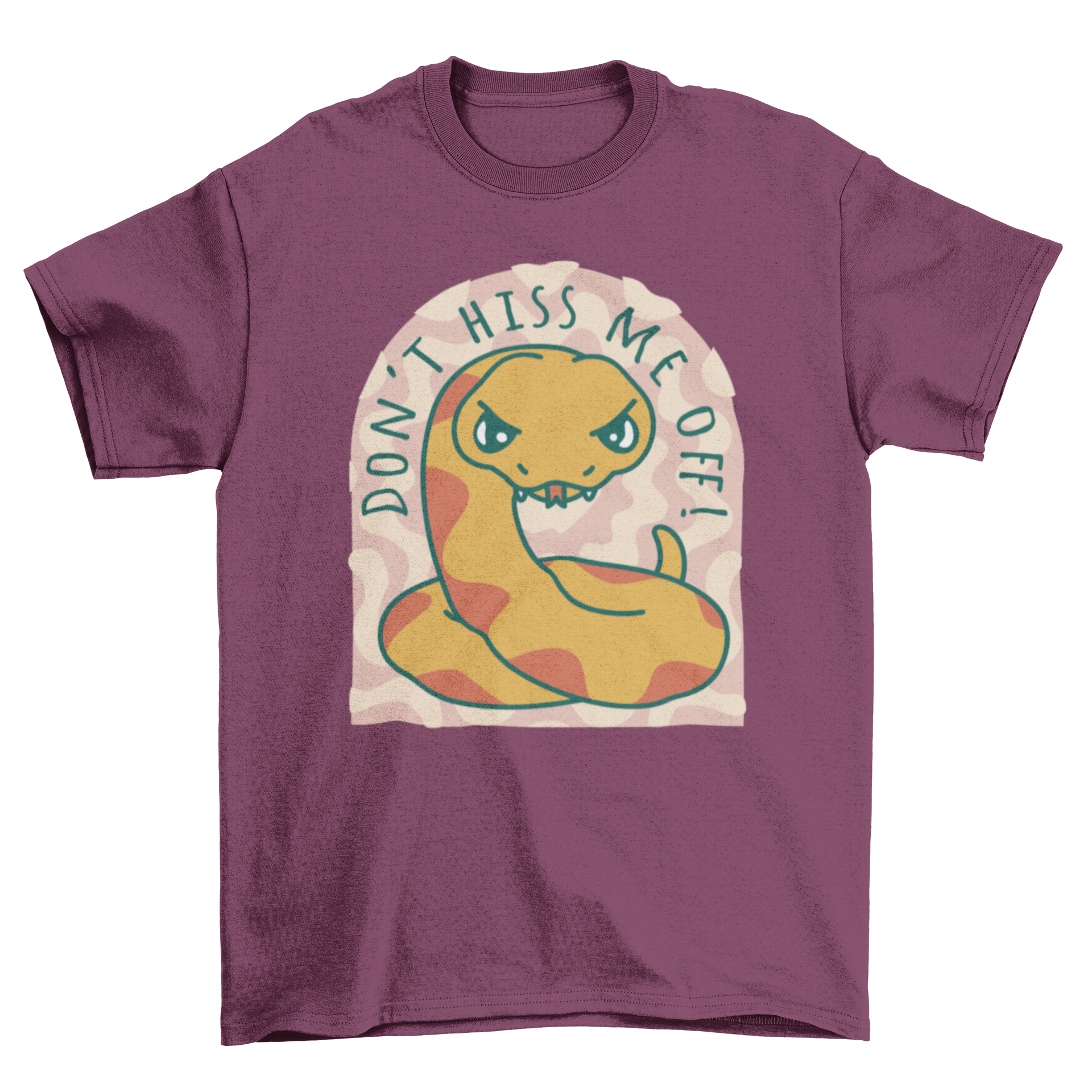 Angry cartoon snake t-shirt featuring a vibrant snake design and the quote 'Don't hiss me off!'