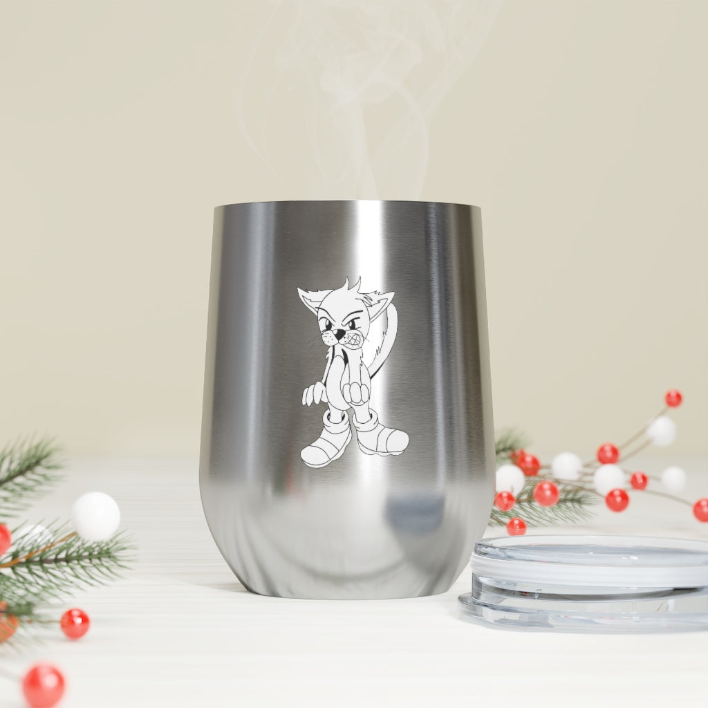 Angry Cat 12oz Insulated Wine Tumbler with a clear lid, showcasing its stainless steel body and unique design.