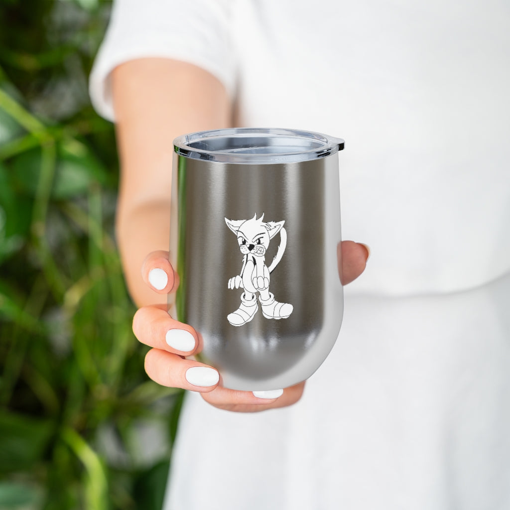 Angry Cat 12oz Insulated Wine Tumbler with a clear lid, showcasing its stainless steel body and unique design.