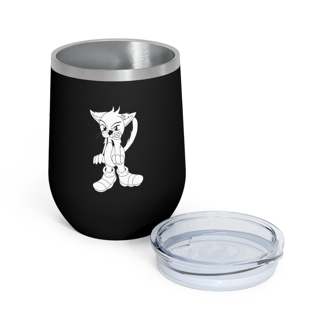 Angry Cat 12oz Insulated Wine Tumbler with a clear lid, showcasing its stainless steel body and unique design.