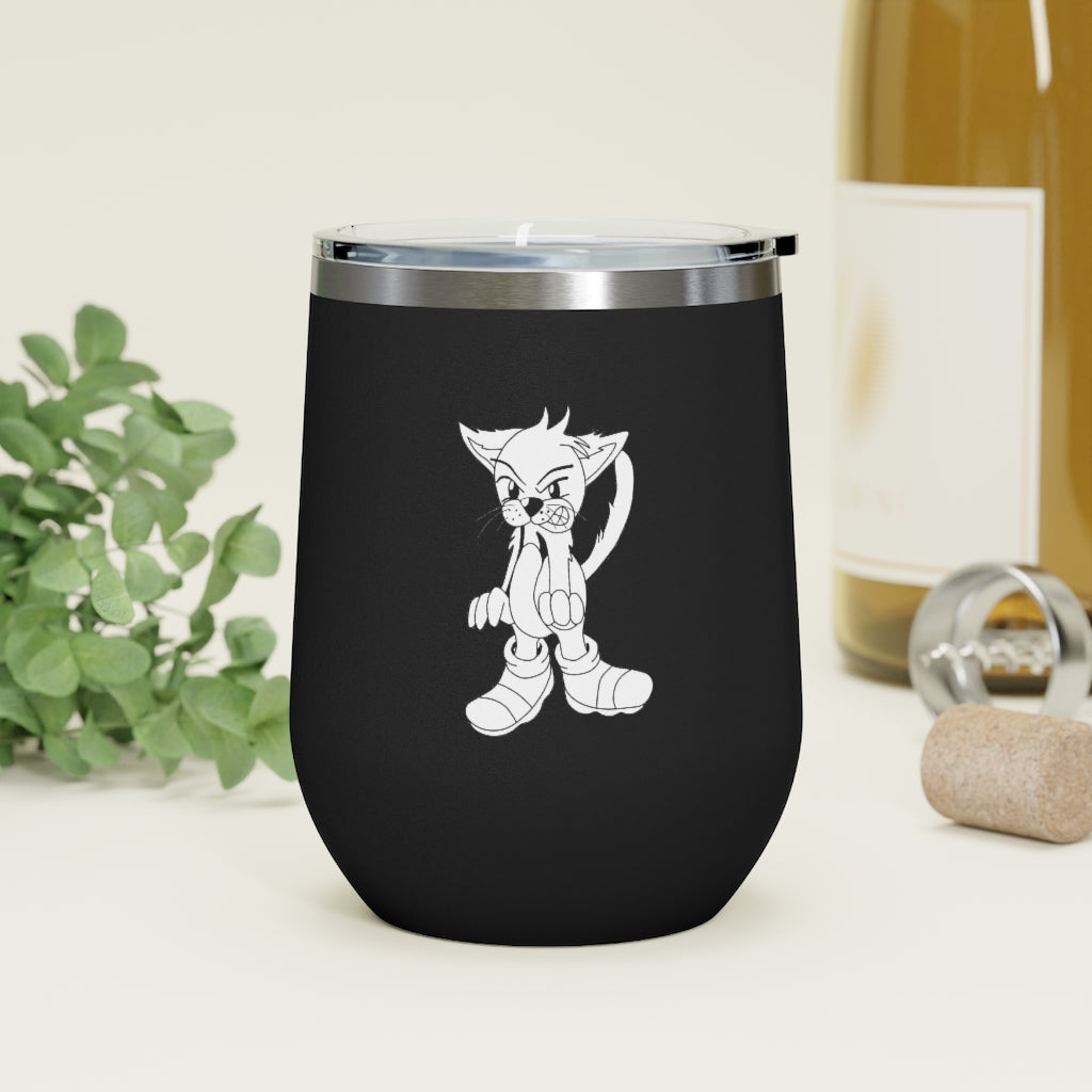 Angry Cat 12oz Insulated Wine Tumbler with a clear lid, showcasing its stainless steel body and unique design.