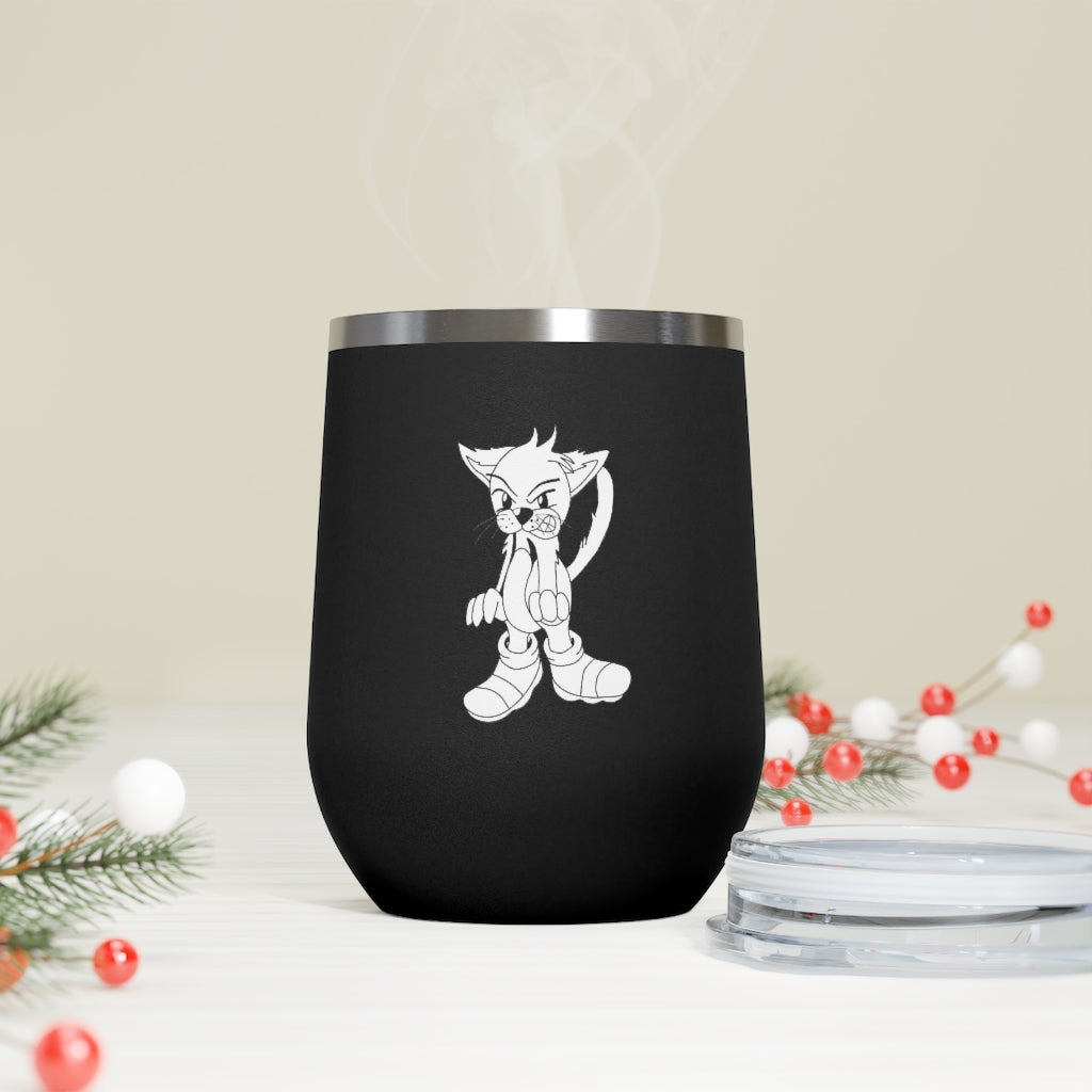 Angry Cat 12oz Insulated Wine Tumbler with a clear lid, showcasing its stainless steel body and unique design.