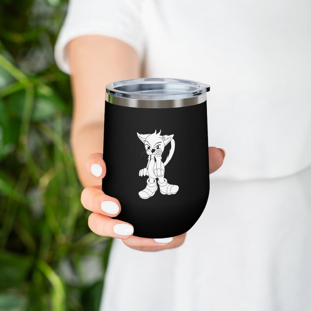 Angry Cat 12oz Insulated Wine Tumbler with a clear lid, showcasing its stainless steel body and unique design.