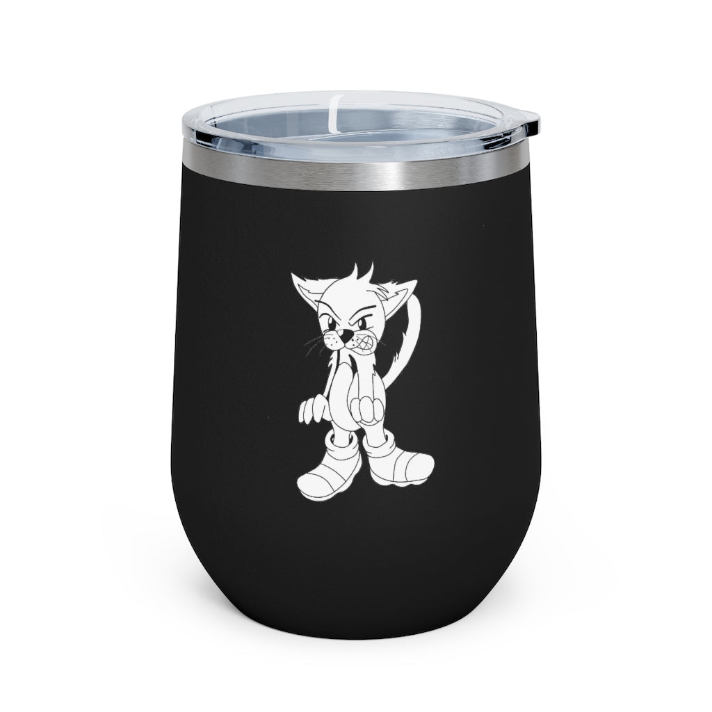 Angry Cat 12oz Insulated Wine Tumbler with a clear lid, showcasing its stainless steel body and unique design.