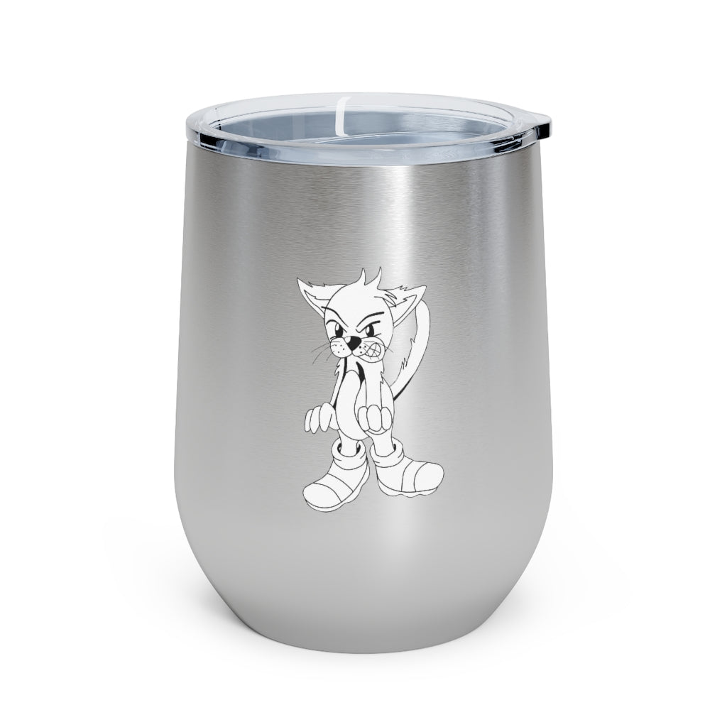 Angry Cat 12oz Insulated Wine Tumbler with a clear lid, showcasing its stainless steel body and unique design.