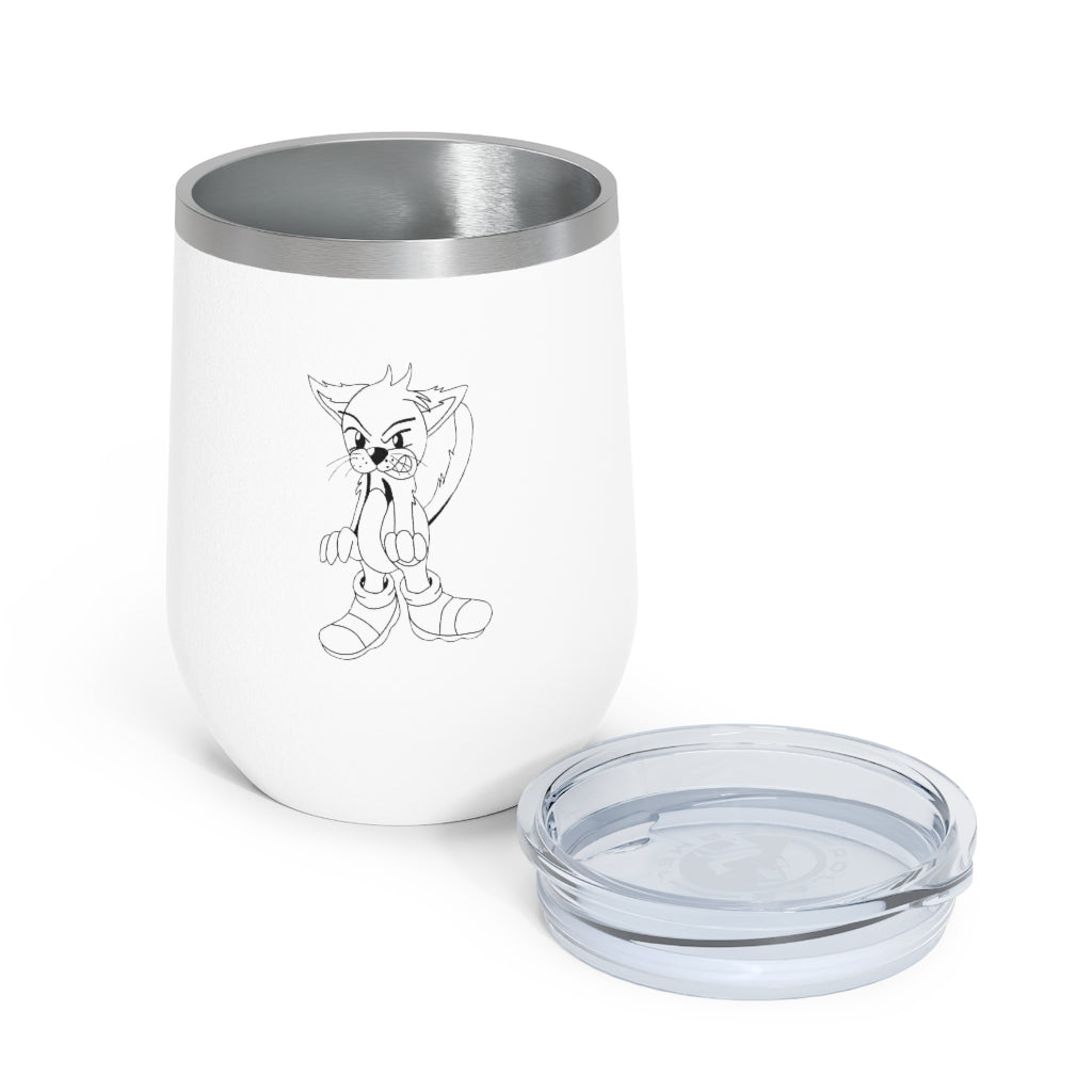 Angry Cat 12oz Insulated Wine Tumbler with a clear lid, showcasing its stainless steel body and unique design.