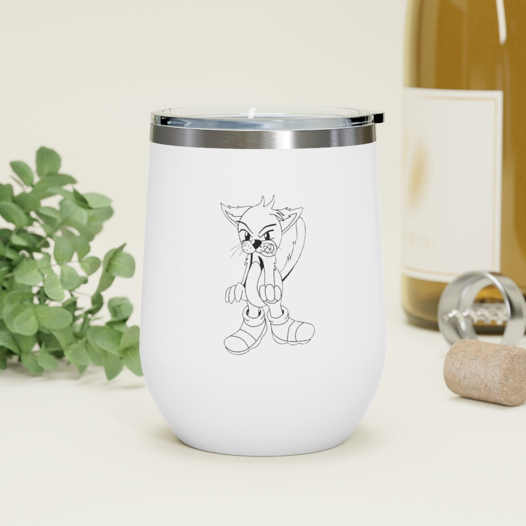 Angry Cat 12oz Insulated Wine Tumbler with a clear lid, showcasing its stainless steel body and unique design.