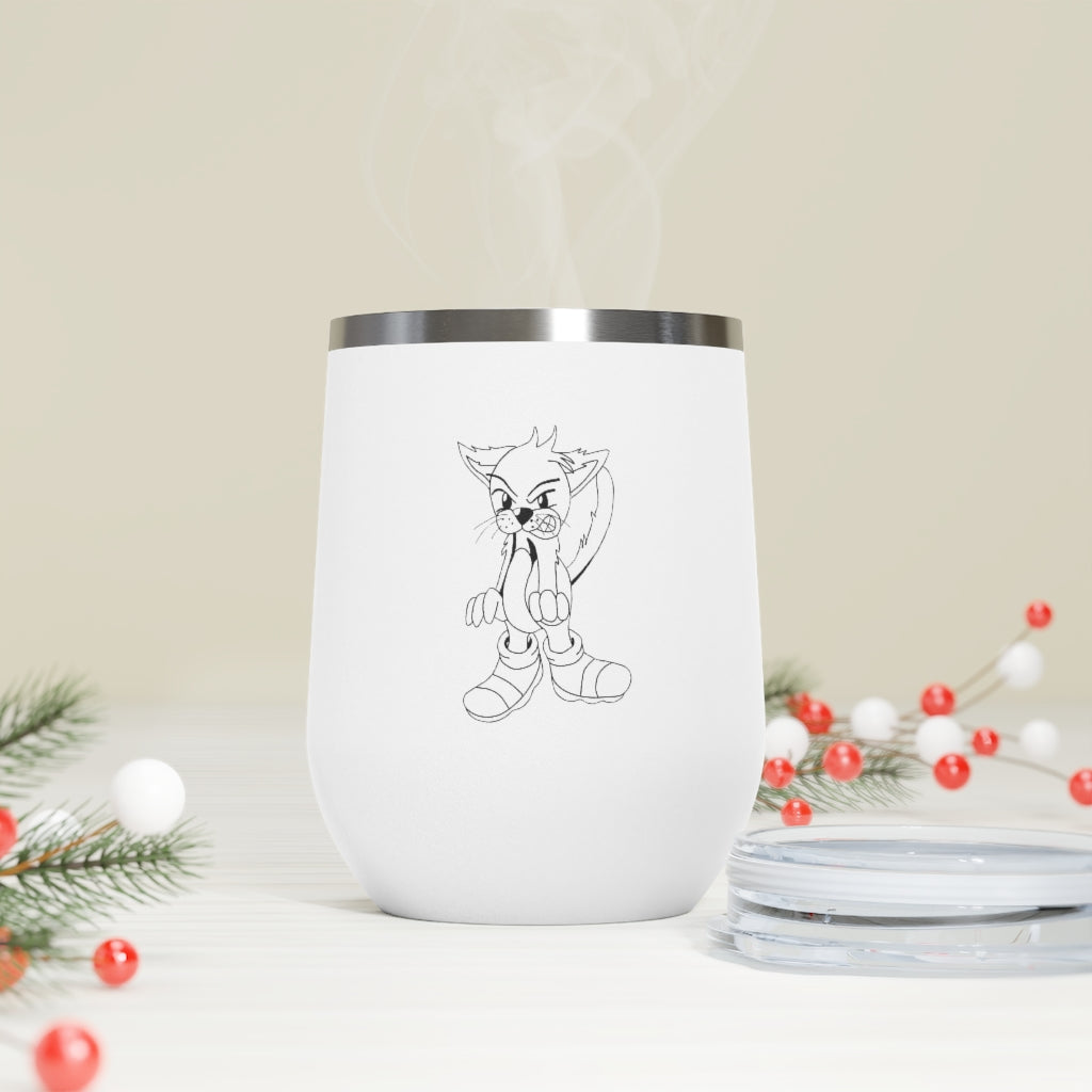 Angry Cat 12oz Insulated Wine Tumbler with a clear lid, showcasing its stainless steel body and unique design.