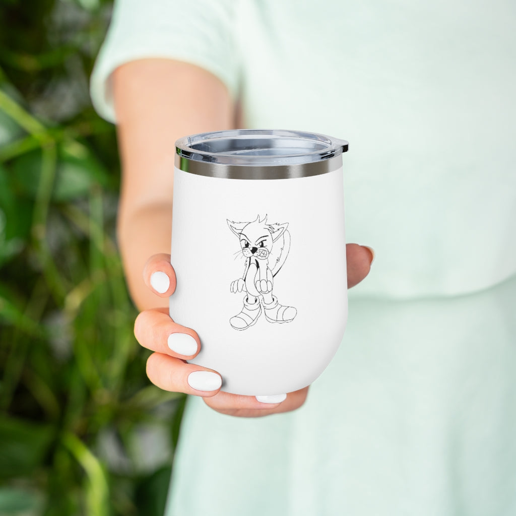 Angry Cat 12oz Insulated Wine Tumbler with a clear lid, showcasing its stainless steel body and unique design.