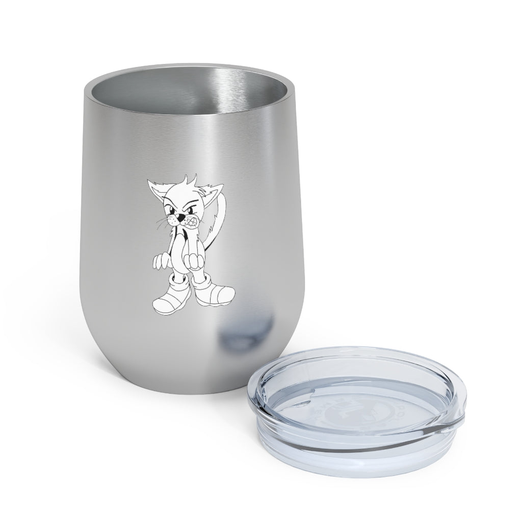 Angry Cat 12oz Insulated Wine Tumbler with a clear lid, showcasing its stainless steel body and unique design.