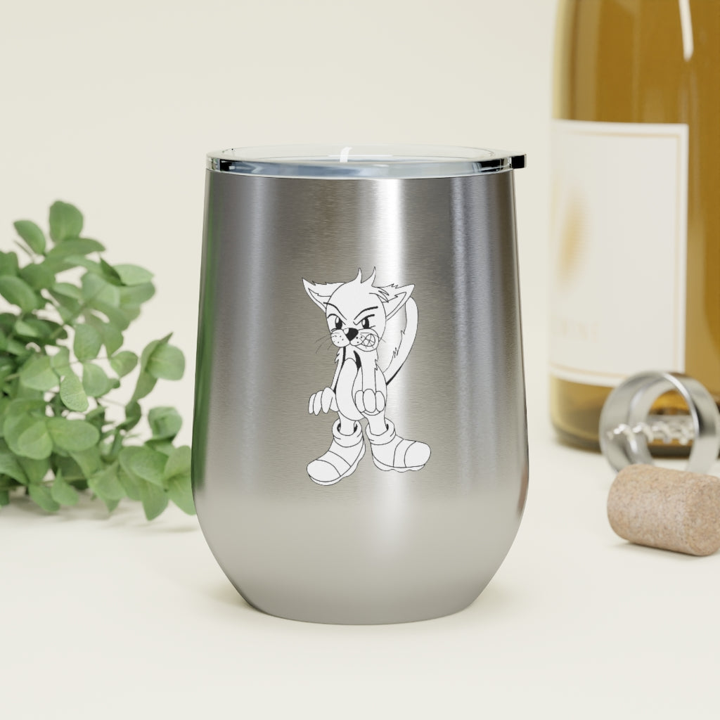 Angry Cat 12oz Insulated Wine Tumbler with a clear lid, showcasing its stainless steel body and unique design.