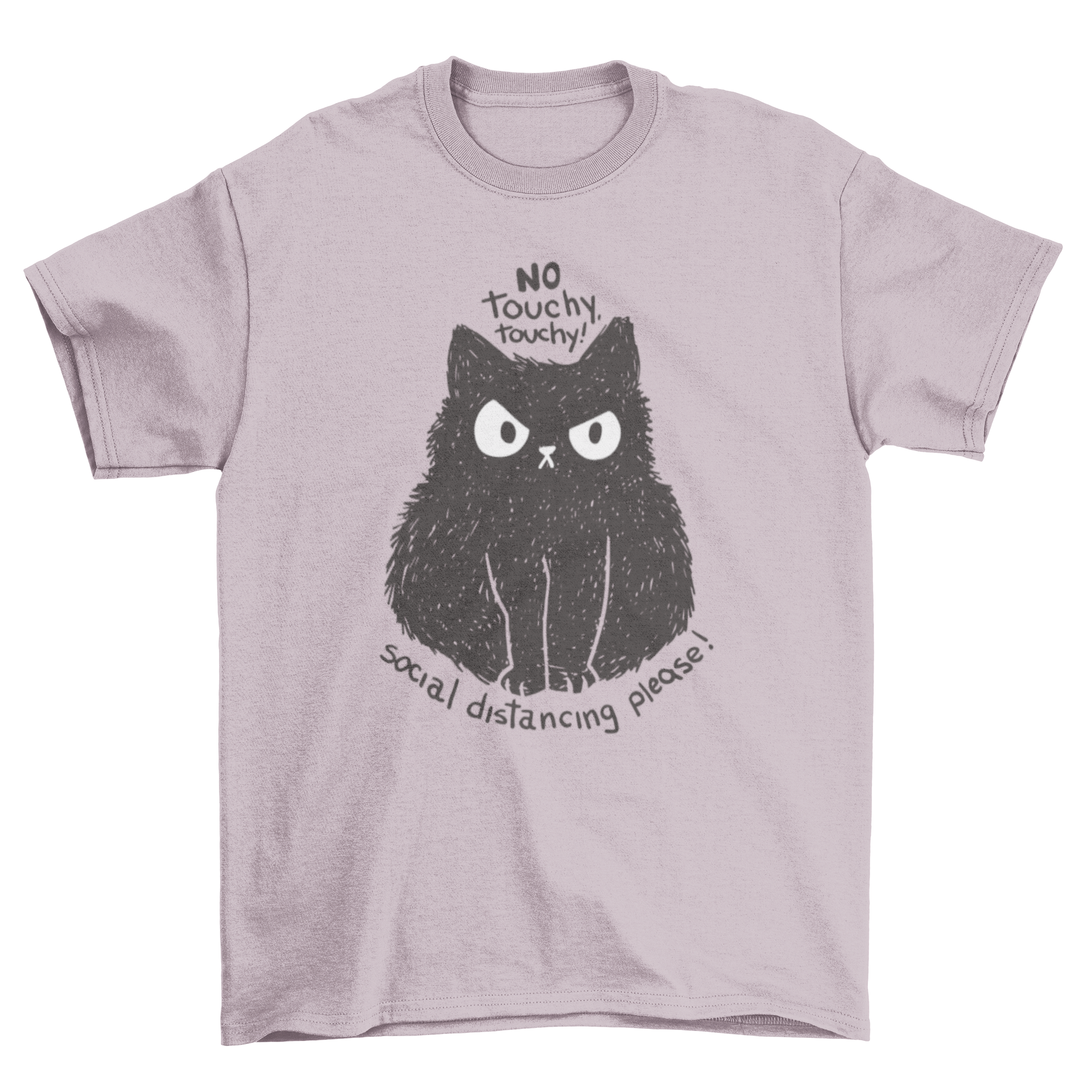 A cute cartoon t-shirt featuring an angry black cat with the quote 'No touchy touchy! Social distancing please'.