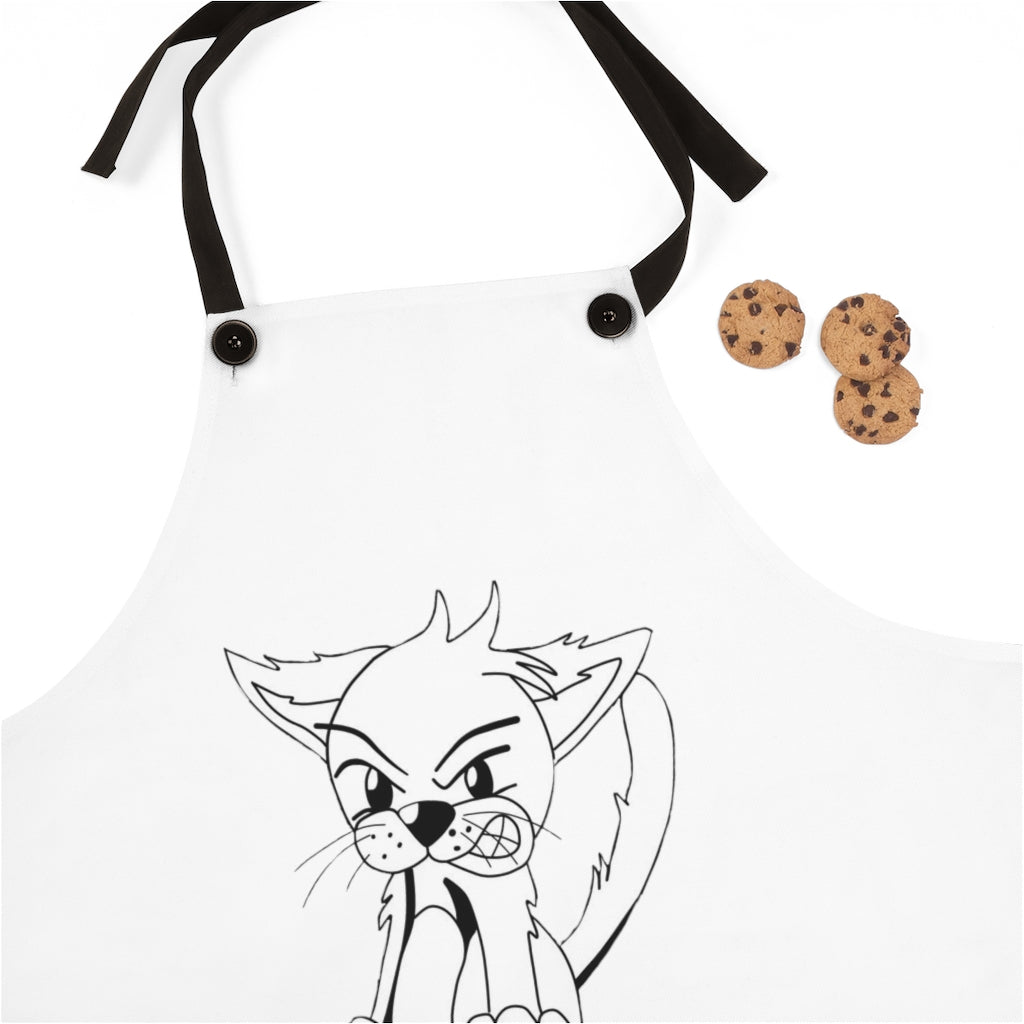 Angry Cat Apron featuring a vibrant cat design with black detachable twill straps, perfect for cooking.