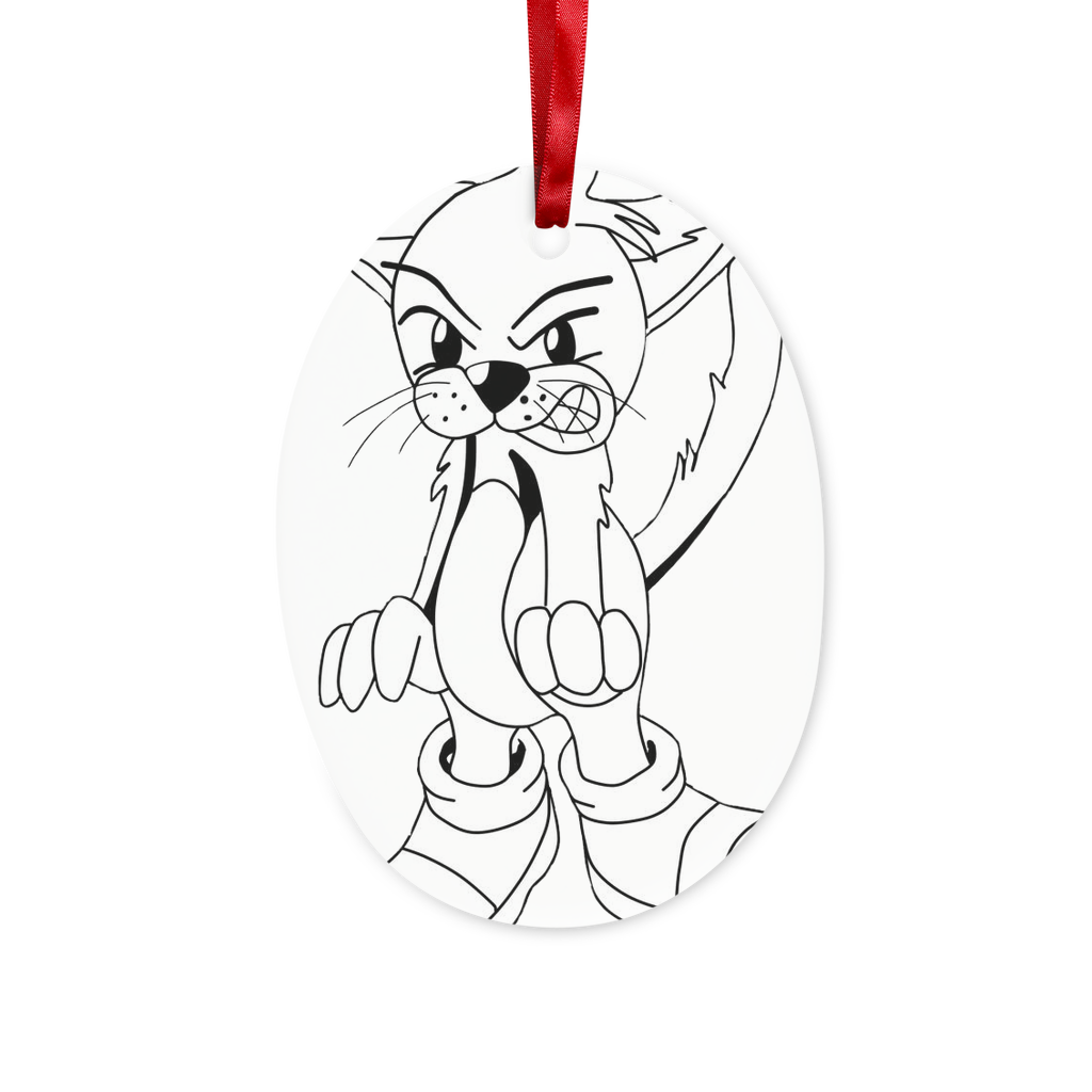 Angry Cat Ceramic Hanging Ornament with red ribbon and gold string, perfect for Christmas decoration.