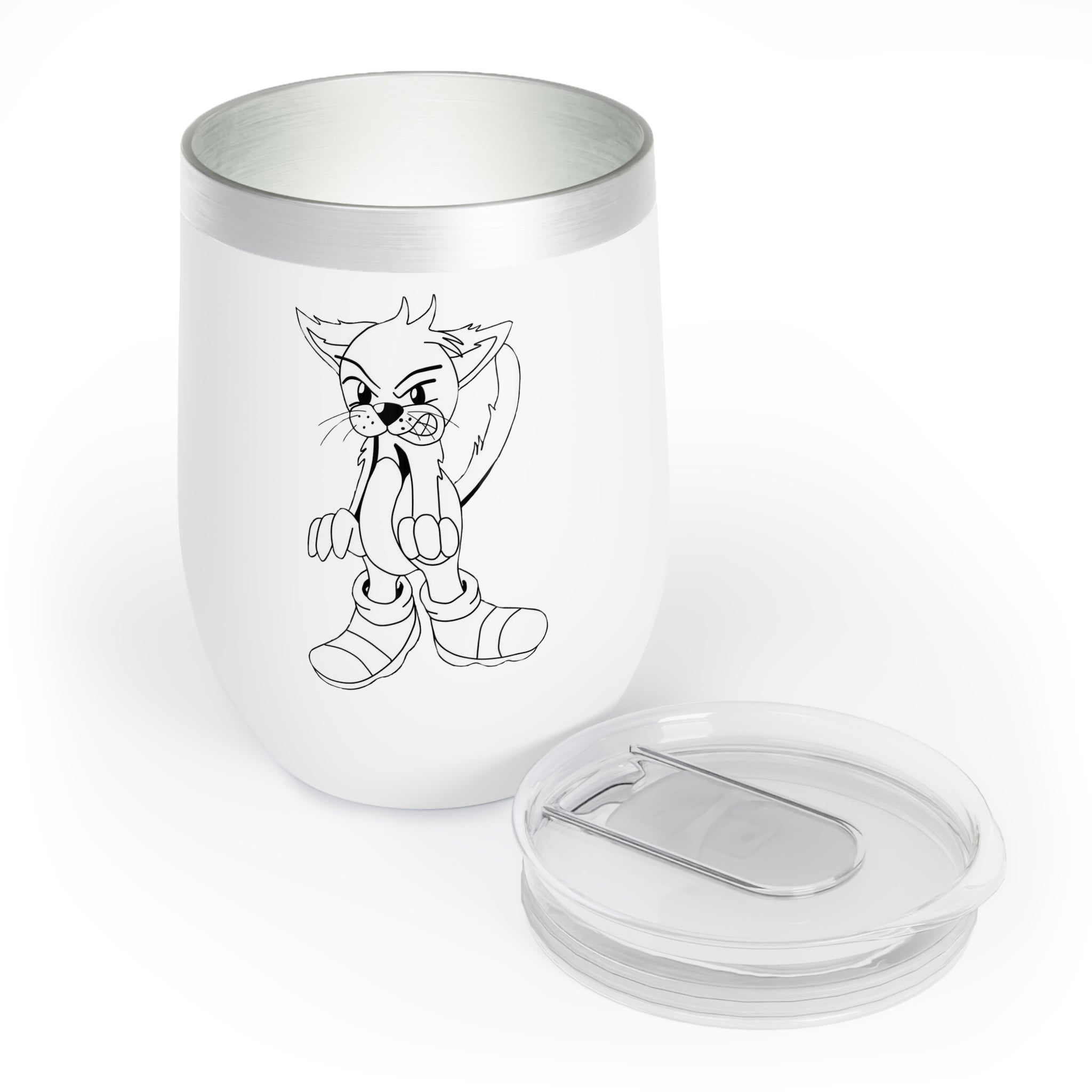 Angry Cat Chill Wine Tumbler featuring a cute angry cat design, made of stainless steel with a double-insulated structure for temperature retention.