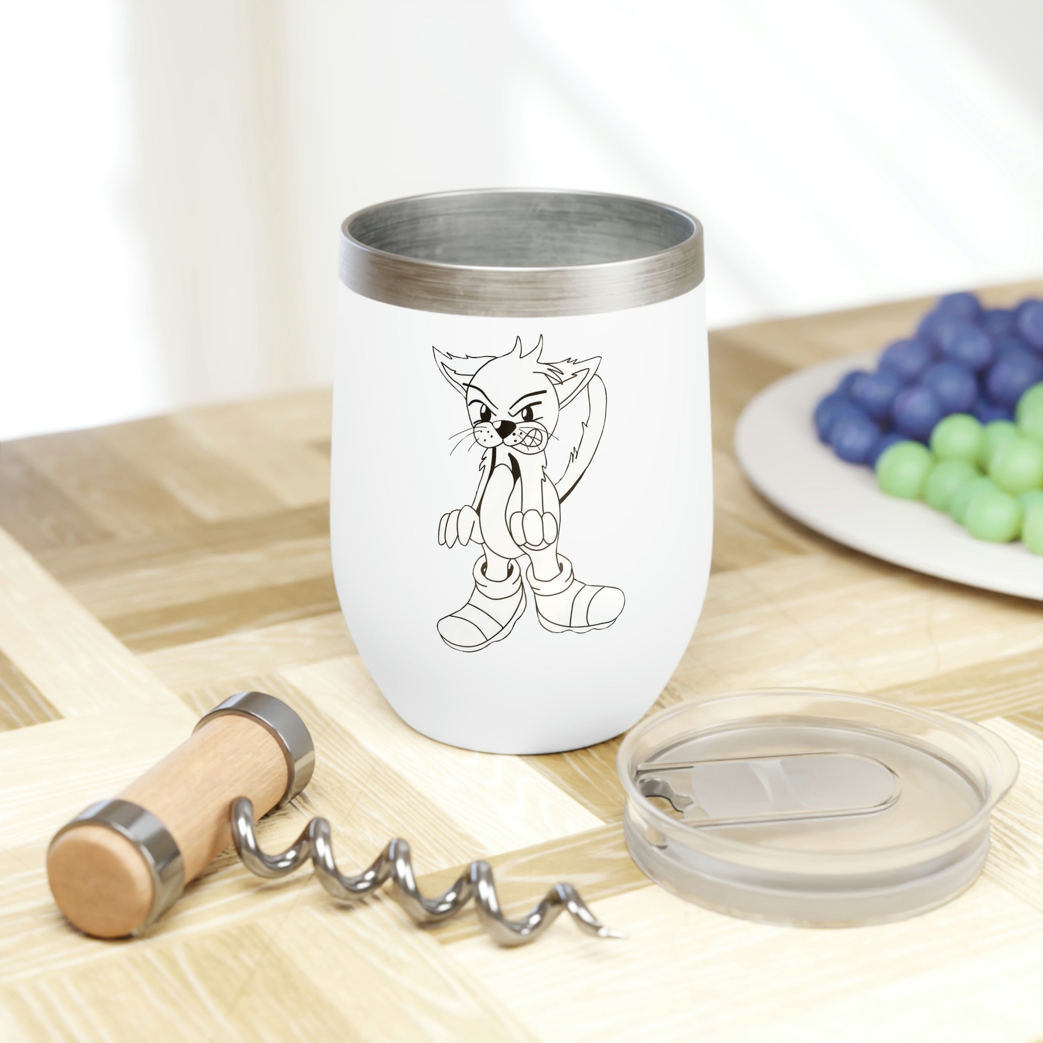 Angry Cat Chill Wine Tumbler featuring a cute angry cat design, made of stainless steel with a double-insulated structure for temperature retention.