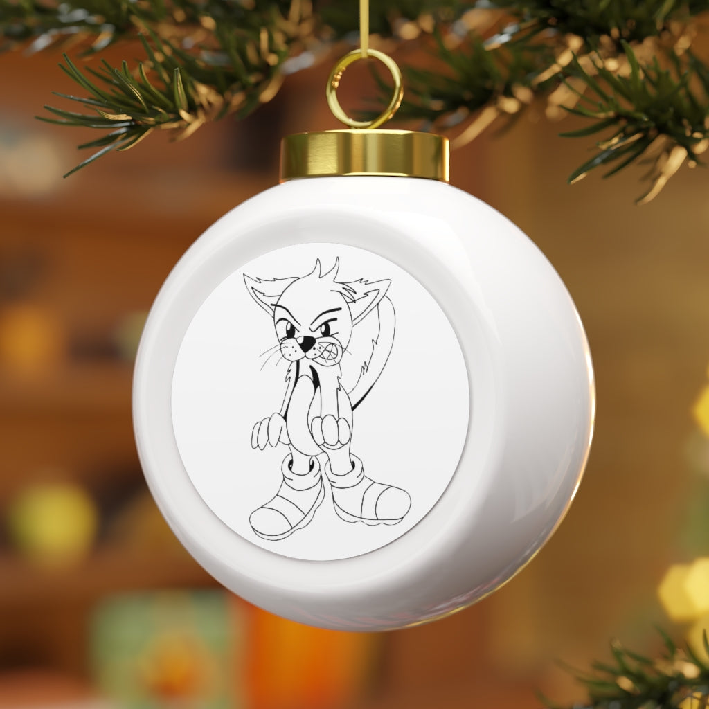 A glossy 3-inch Angry Cat Christmas ball ornament with a gold ribbon, featuring a vintage design and customizable metal insert.