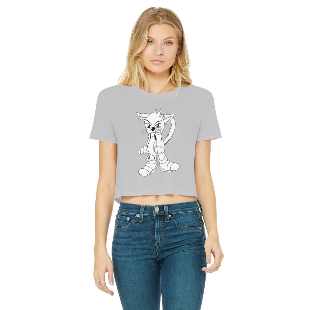 Angry Cat Classic Women's Cropped Raw Edge T-Shirt featuring a round neck and short sleeves in a stylish design.