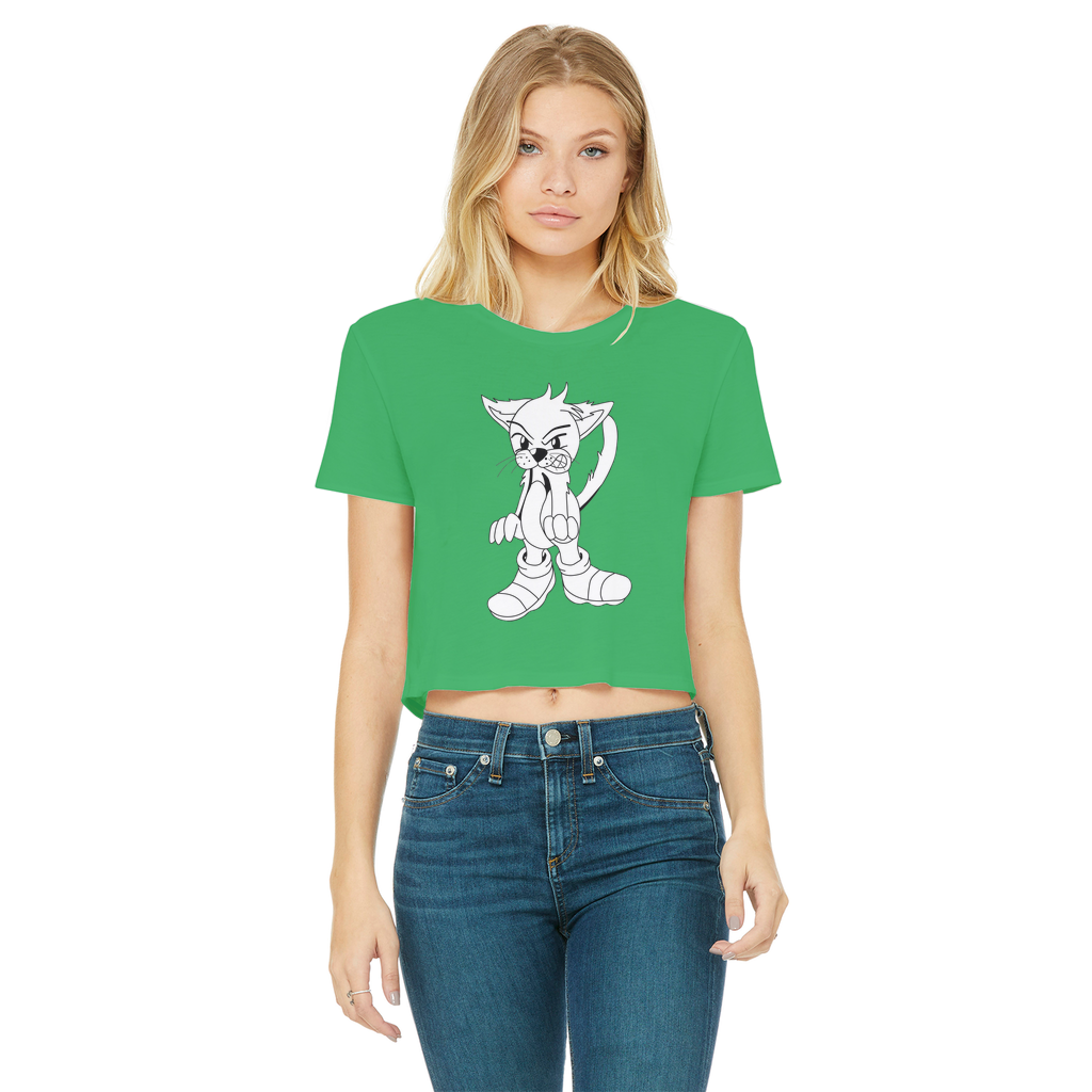 Angry Cat Classic Women's Cropped Raw Edge T-Shirt featuring a round neck and short sleeves in a stylish design.