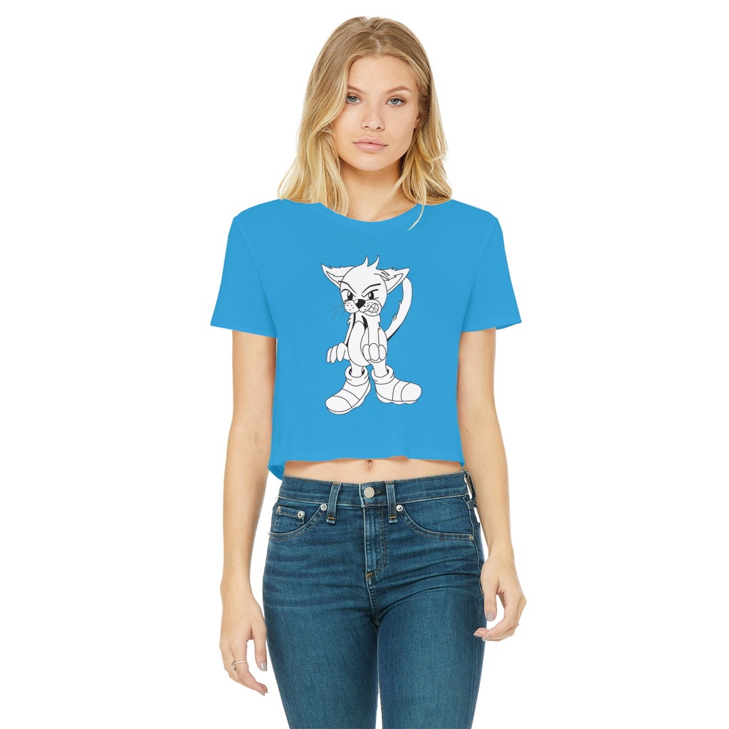 Angry Cat Classic Women's Cropped Raw Edge T-Shirt featuring a round neck and short sleeves in a stylish design.