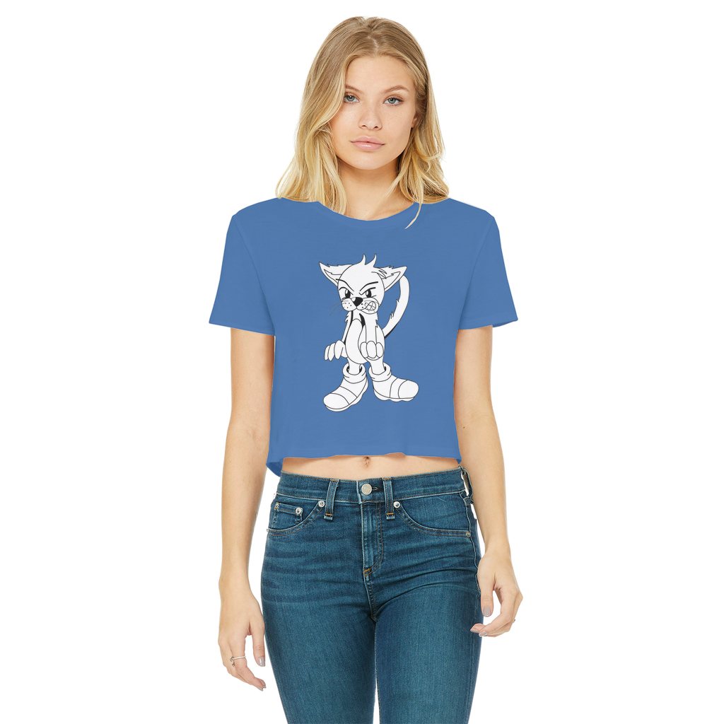 Angry Cat Classic Women's Cropped Raw Edge T-Shirt featuring a round neck and short sleeves in a stylish design.