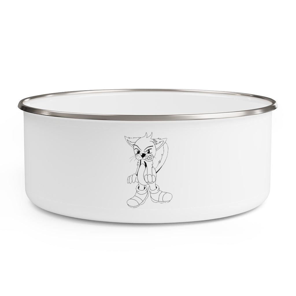 Angry Cat Enamel Bowl featuring a stylish angry cat design, made from lightweight stainless steel with a translucent plastic lid.