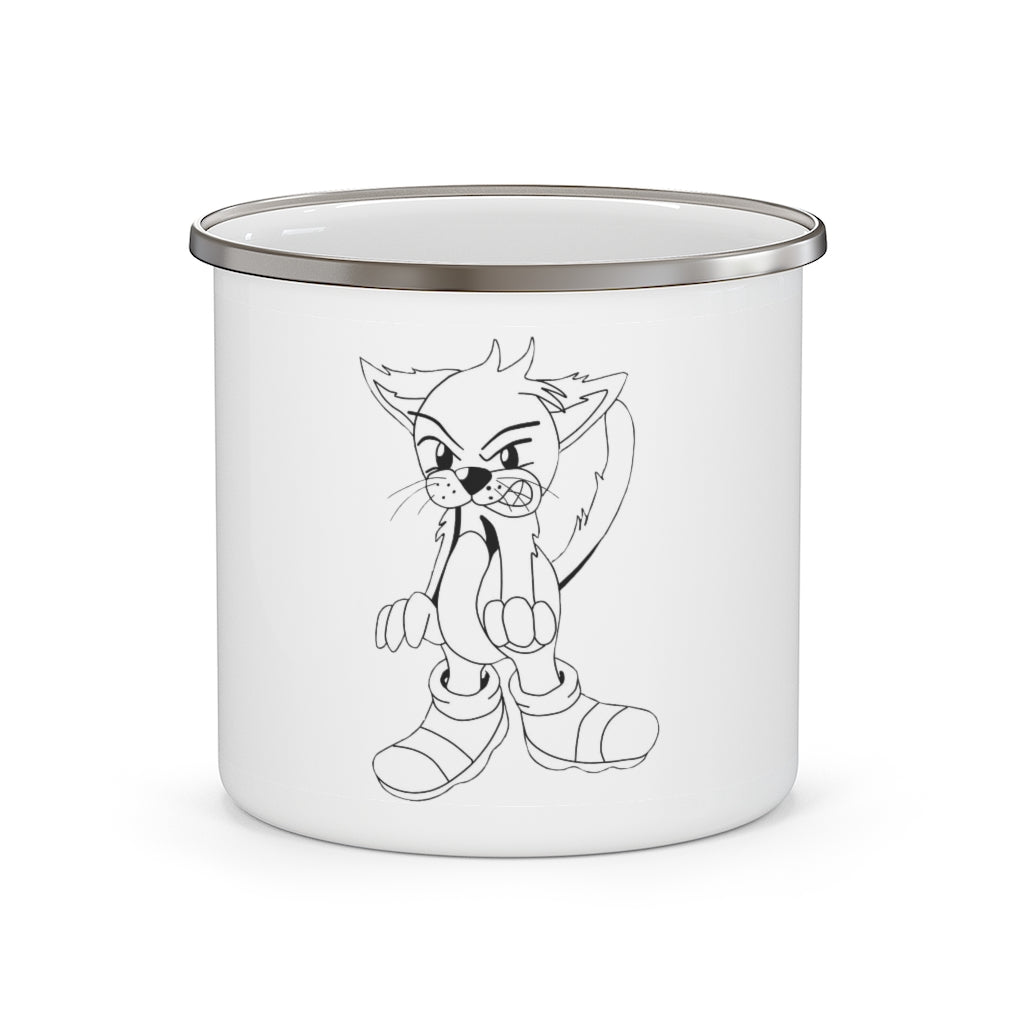 Angry Cat Enamel Camping Mug with a stylish design, perfect for outdoor adventures and customizable with personal prints.